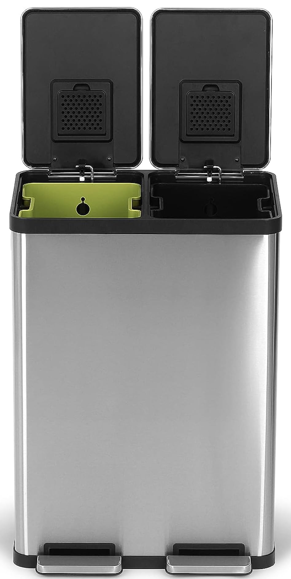 SIMPLI-MAGIC 60L/16 Gallon Dual Compartment Step Trash Can with Soft-Close Lid - Brushed Stainless Steel Recycling Bin for Kitchen, Office, Bathroom (30L x 30L Capacity) - Hands-Free Waste Disposal Solution
