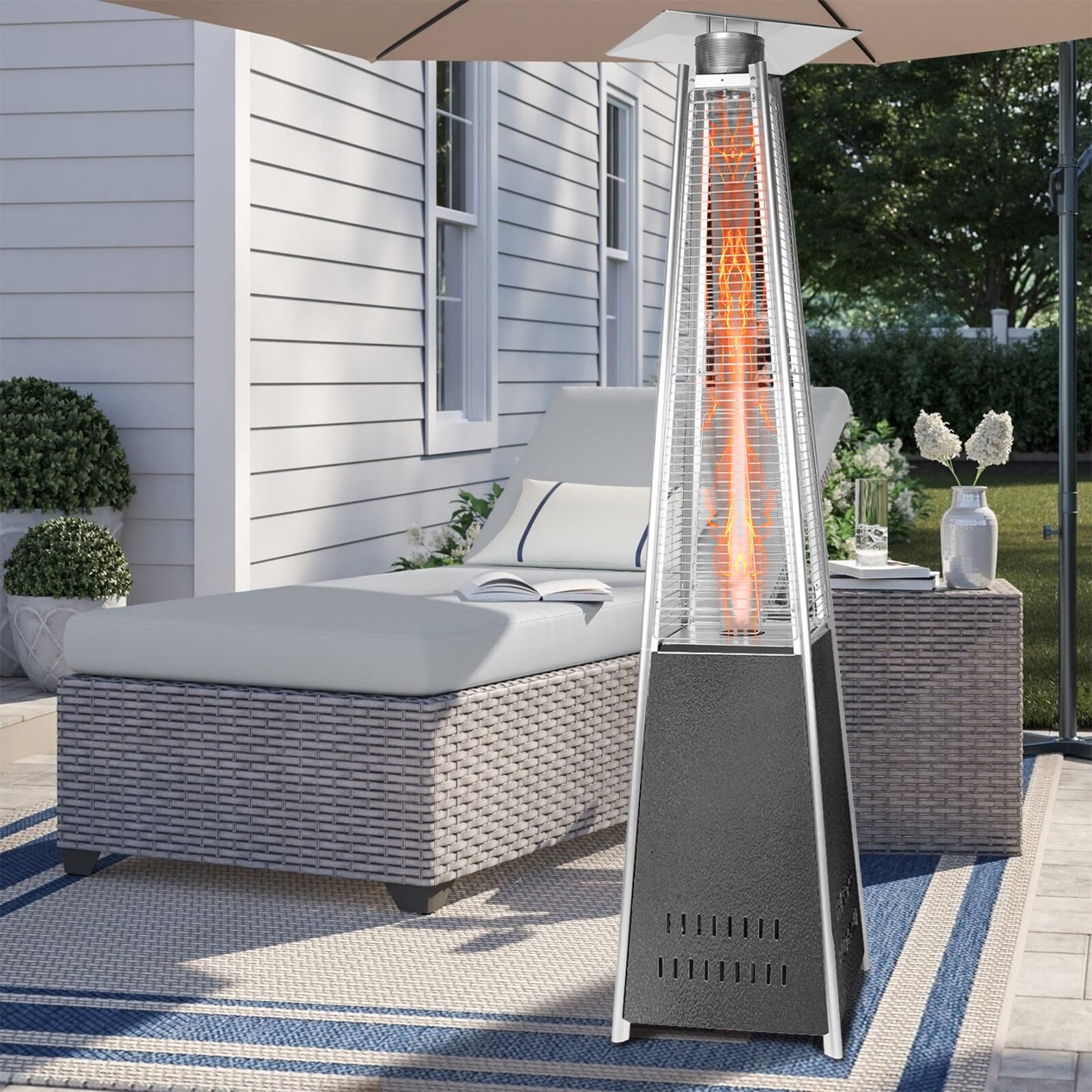 **Xinqinghao 42,000 BTU Pyramid Patio Heater with Wheels – 87 Inch Tall Outdoor Propane Heater, Quartz Glass Tube, Portable & Weatherproof – CE & ETL Certified (Gray) – Perfect for Backyard, Deck, Restaurant & Outdoor Gatherings**