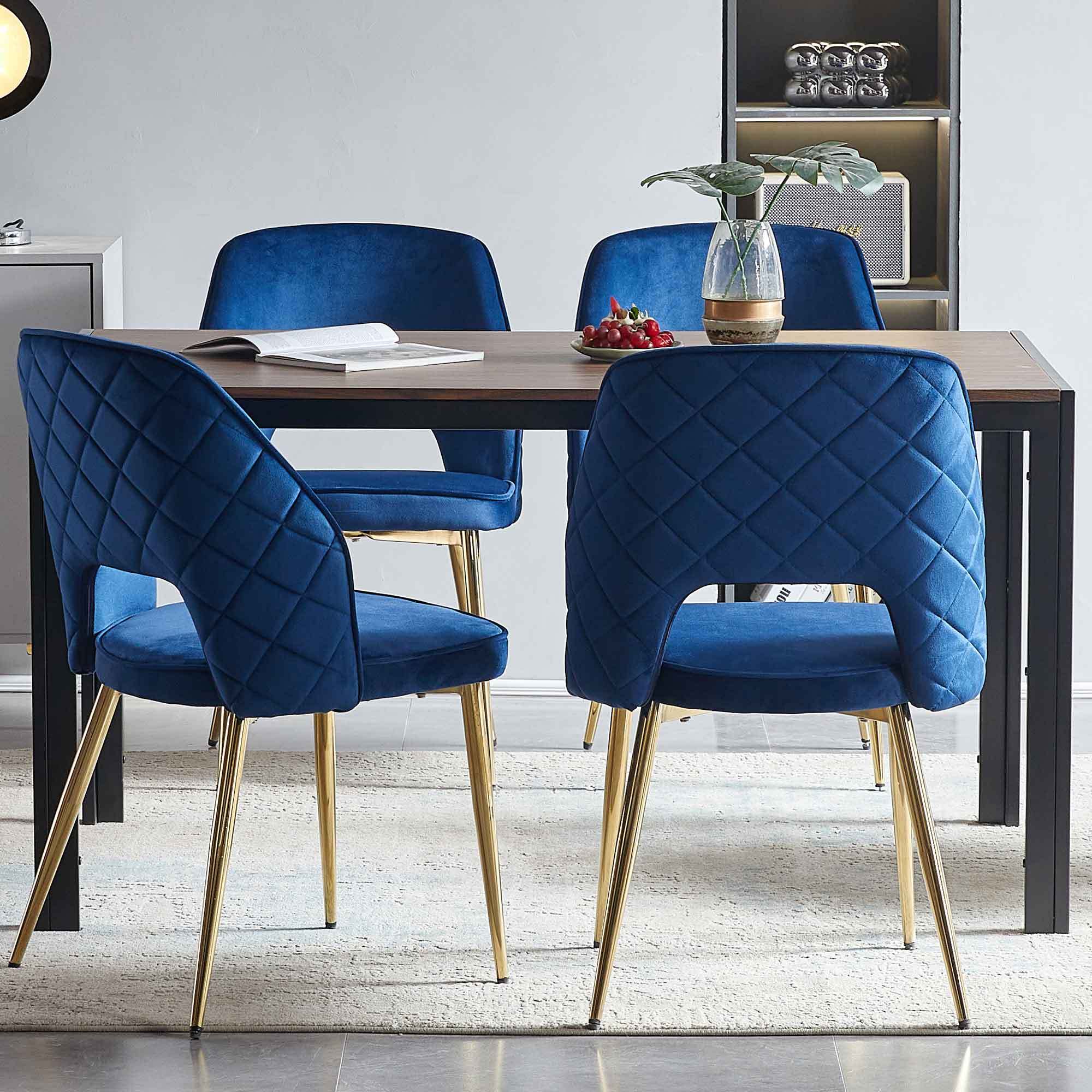 Blue Velvet Dining Chairs Set of 4 - Modern Upholstered Chairs with Metal Legs & Hollow Back Design for Dining Room, Kitchen, or Home Decor