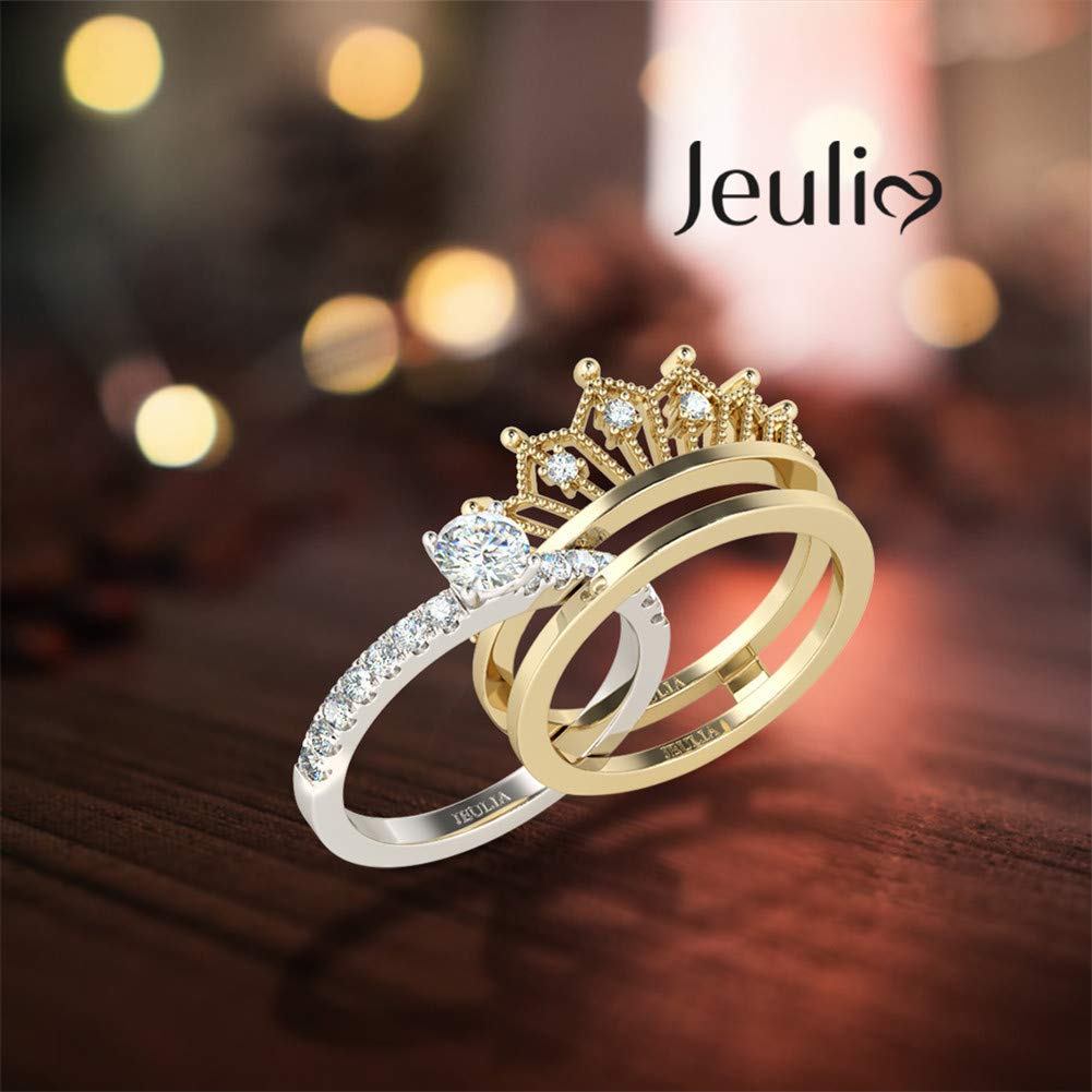 Jeulia 2 Carat Crown 925 Sterling Silver Ring for Women - Two Tone Gold Plated Wedding Band Set with Round Cut Cubic Zirconia - Engagement, Anniversary, Promise Ring - Perfect for Bridal Jewelry, Gift Giving & Special Occasions