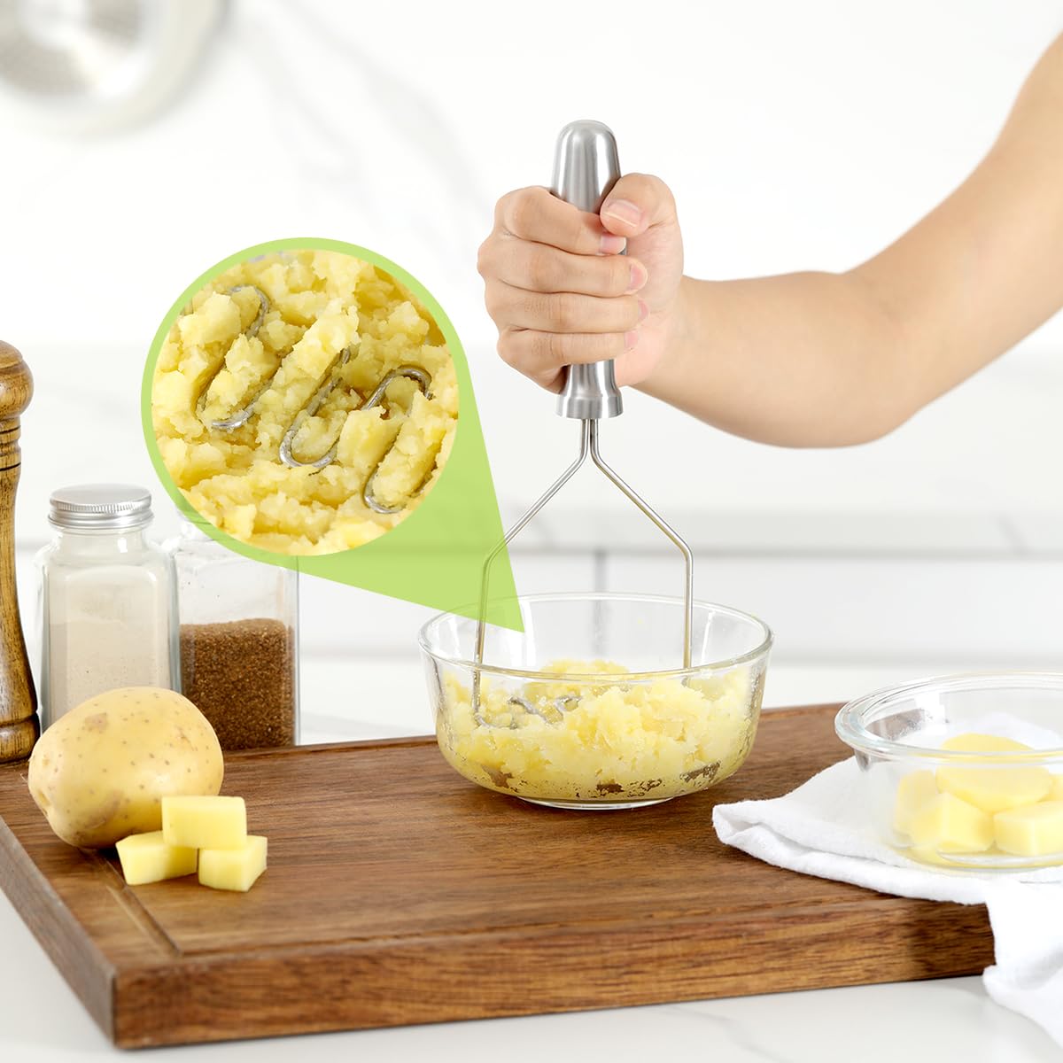 Premium Stainless Steel Potato Masher - Heavy Duty Ergonomic Design for Smooth Mashed Potatoes, Perfect for Thanksgiving, Family Dinners & Home Cooking