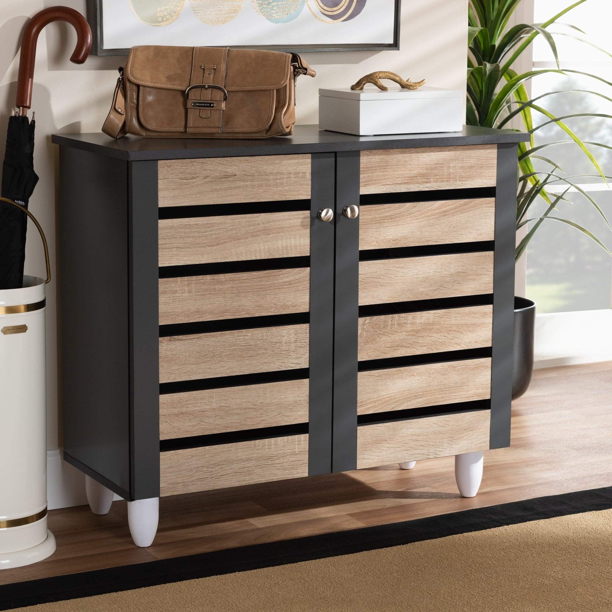 Modern Wooden Shoe Storage Cabinet with Hardware - Contemporary Brown Entryway Organizer for Closet, Bedroom & Mudroom Organization