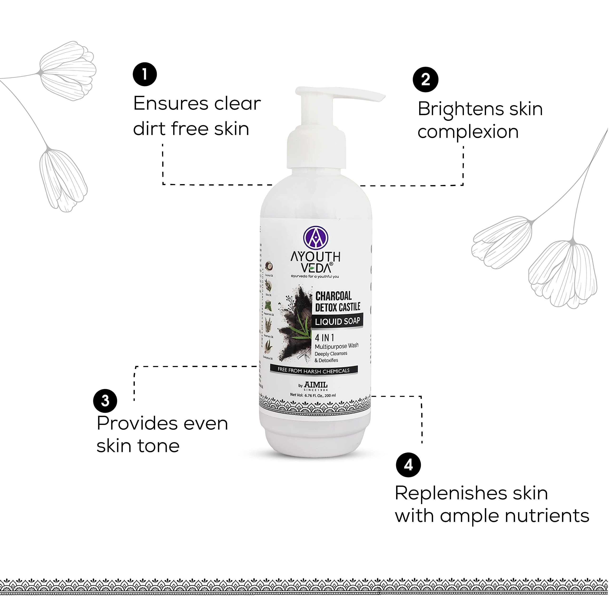 Ayouthveda Charcoal Detox Castile Liquid Soap - 4 in 1 Multipurpose Face & Body Wash | Deep Cleansing & Detoxifying | Germ Protection | 200ml (Pack of 1) | Perfect for Daily Skincare, Acne Treatment & Sensitive Skin Care
