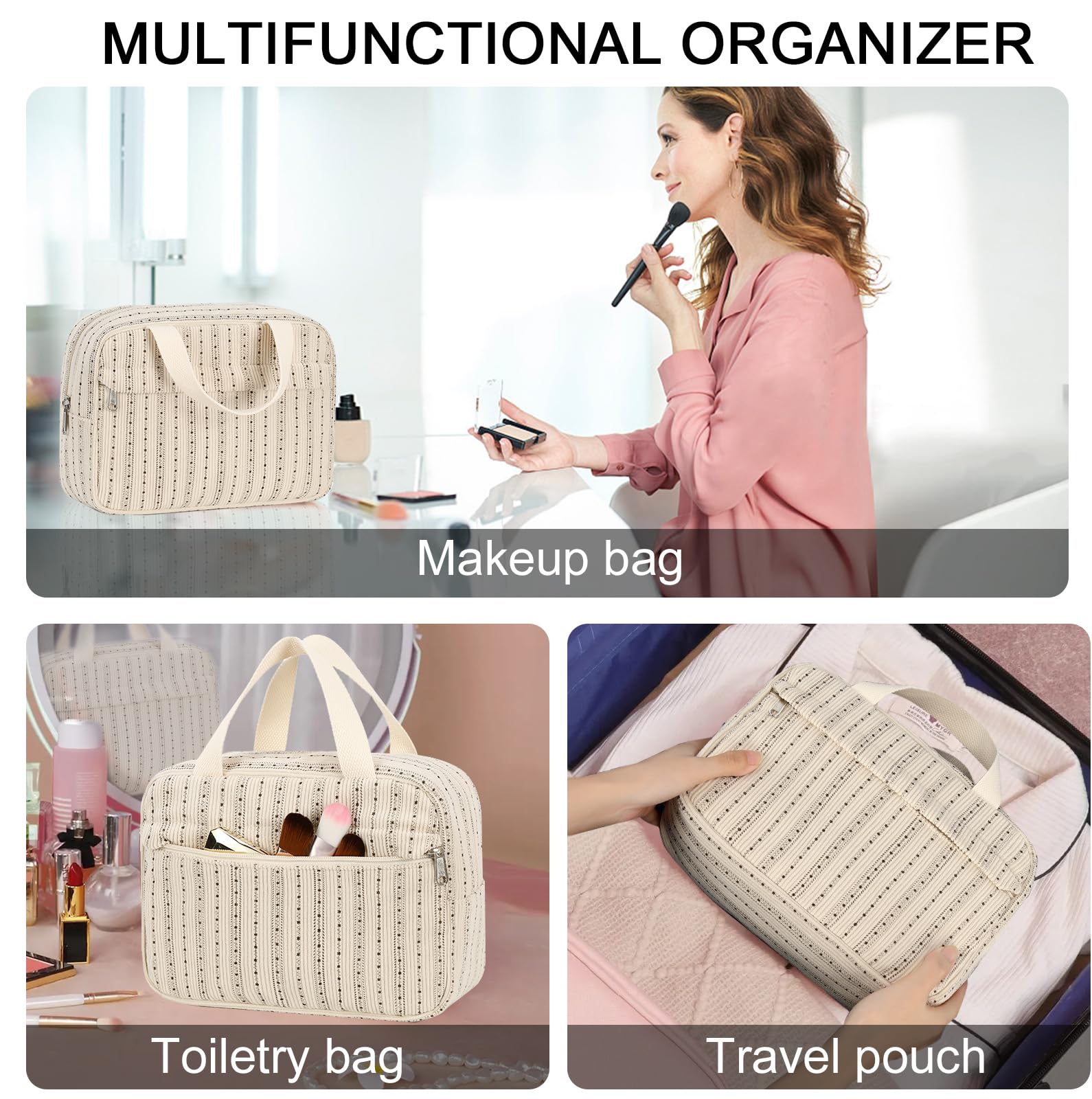 Cute Corduroy Makeup Bag for Women - Travel Cosmetic Organizer with Zipper | Perfect for Travel & Daily Use