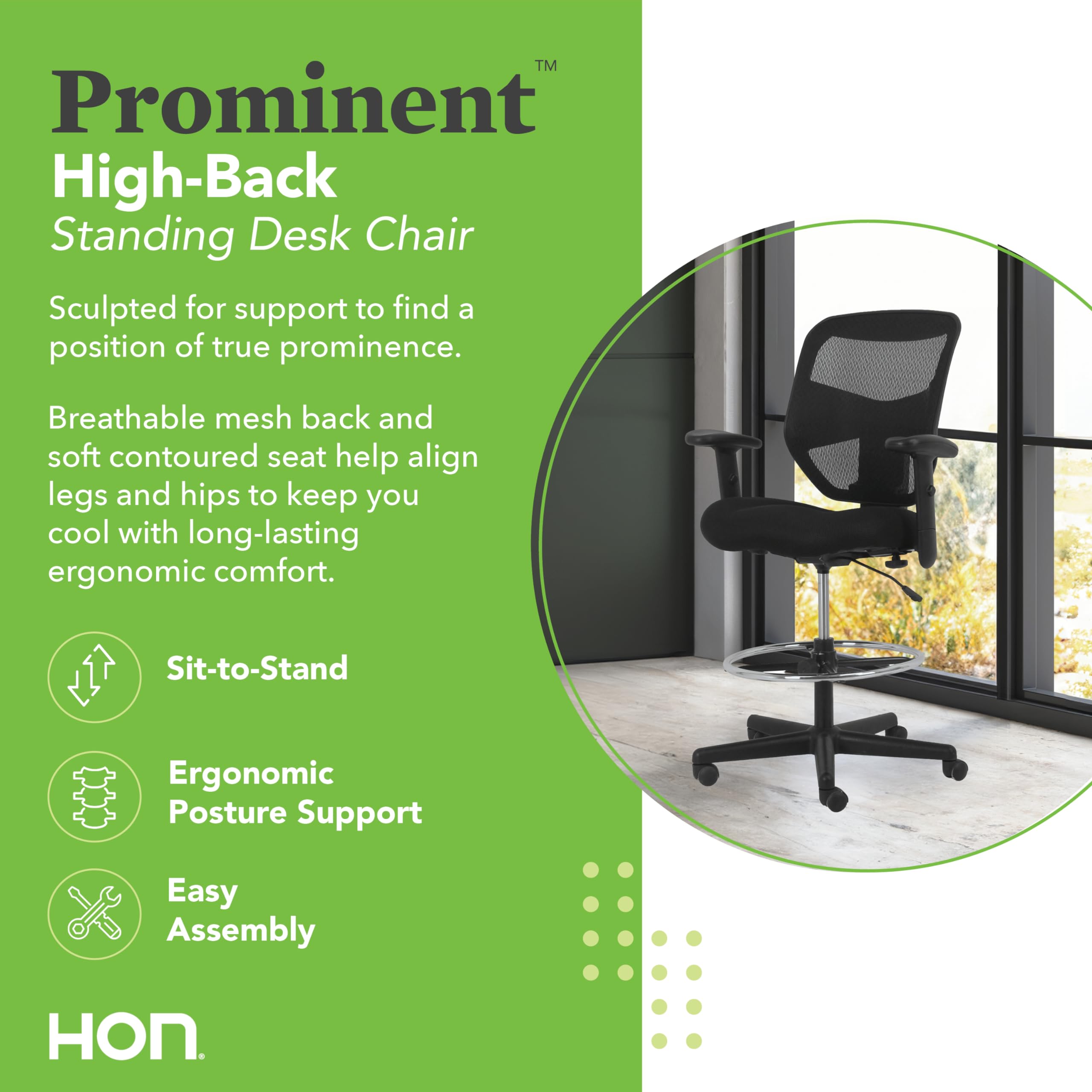 HON Prominent Standing Desk Chair - Ergonomic Office Chair with Adjustable Height, High Back Support & Foot Rest - Perfect for Home Office, Gaming & Workspaces