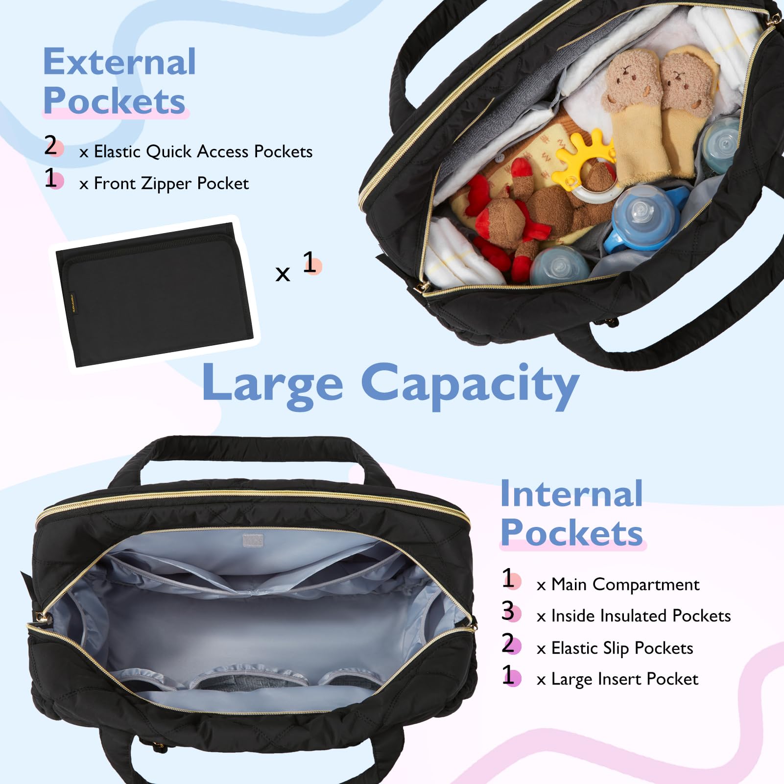 Mommore Large Expandable Diaper Bag Tote for Twins & 2 Kids - Quilted Baby Travel Bag, Hospital Essentials for Mom & Weekender Organizer | Perfect for Daycare, Travel & Family Outings