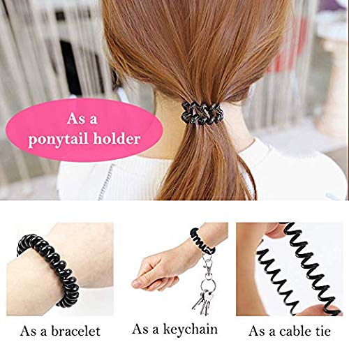 Trendy No Crease Hair Ties for Women & Girls - 4 Pack Black Telephone Cord Hair Bands, Gentle Coil Hair Elastics for Ponytails, Workouts, Yoga and Everyday Use
