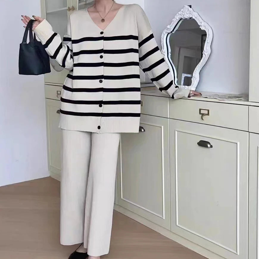 Trendy Autumn/Winter Striped Knit Sweater with Low Neck & Long Sleeves + High Waist Wide Leg Pants Set - Perfect for Casual Outings, Office Wear & Holiday Outfits