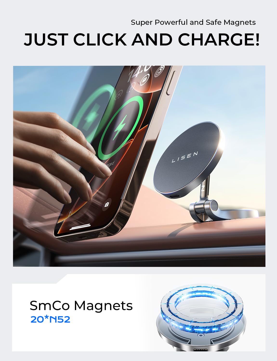 LISEN 360° Rotating Magsafe Car Mount Charger - Wireless Car Phone Holder with Fast Charging for iPhone 16/15/14/13/12 Pro Max/Plus/Mini - Foldable Dashboard Mount for Safe Driving & Hands-Free Navigation