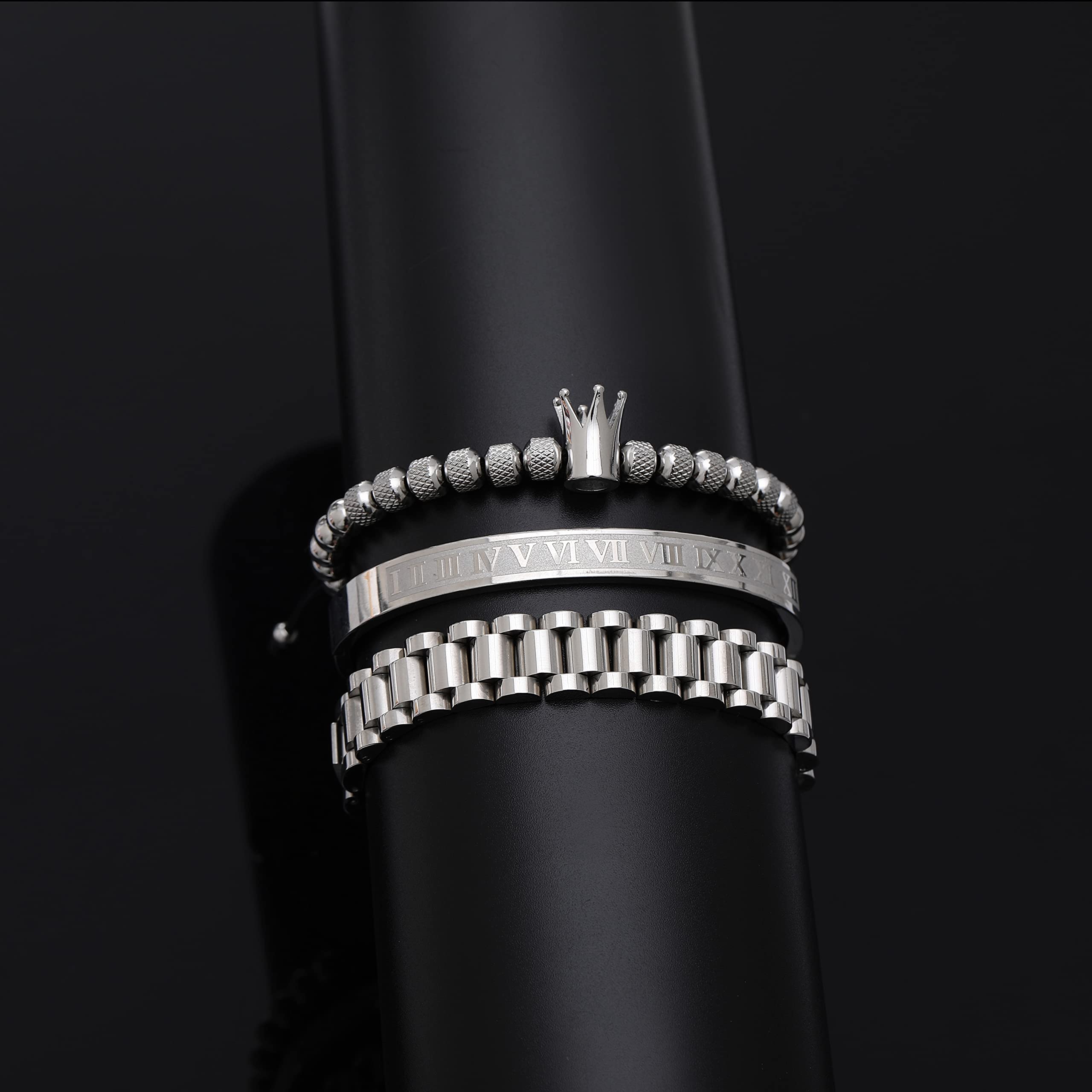 WFYOU 3-Piece Stainless Steel Bracelet Set for Men - Gold Roman Numeral, Twisted Cable & Adjustable Cuff Bracelets - Luxury Jewelry Gift Set for Him - Perfect for Weddings, Anniversaries & Formal Events