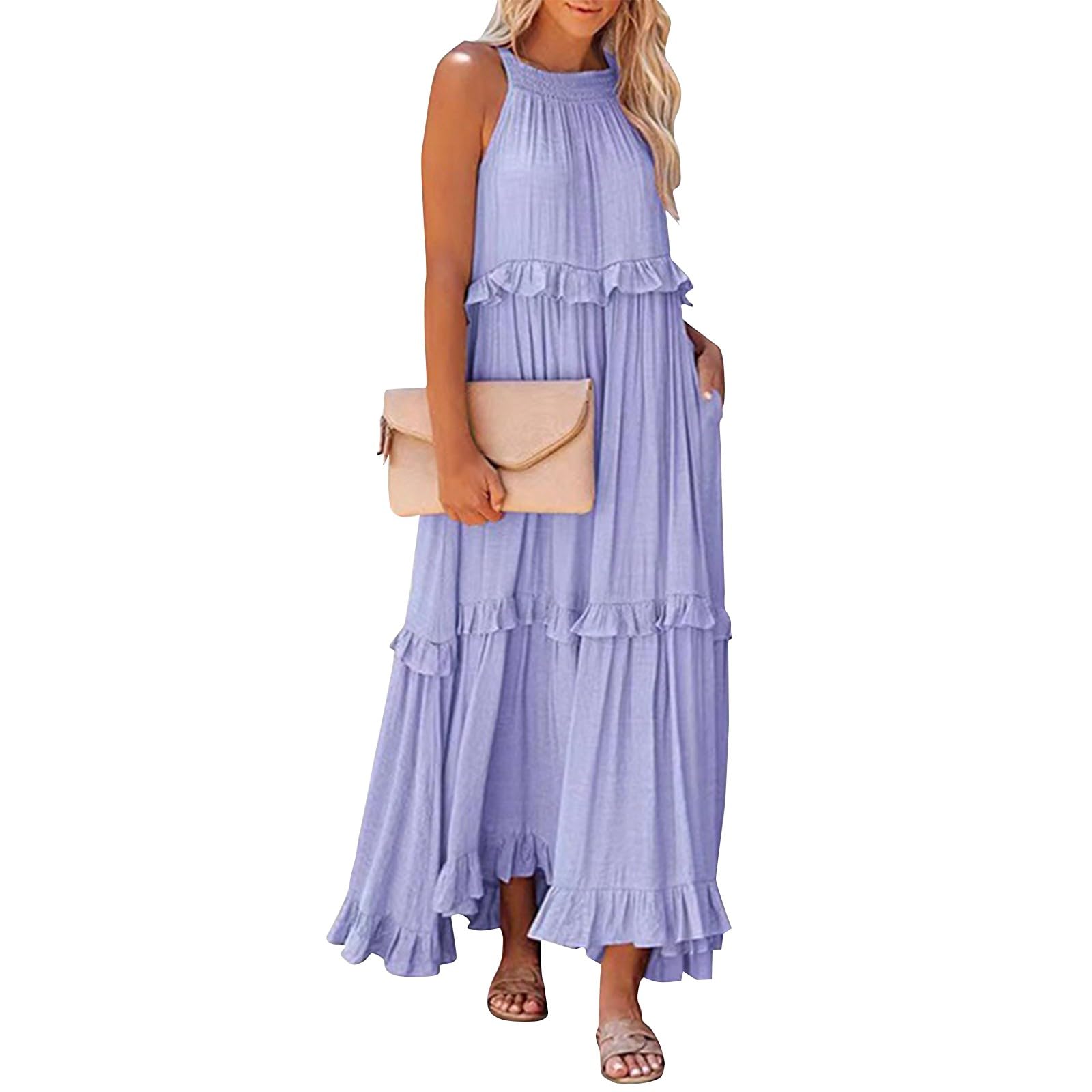 Women's Halter Neck Smocked Tiered Maxi Dress - Flowy Swing Summer Cocktail & Wedding Guest Dress with Pockets | Beach Vacation, Garden Party, Formal Events