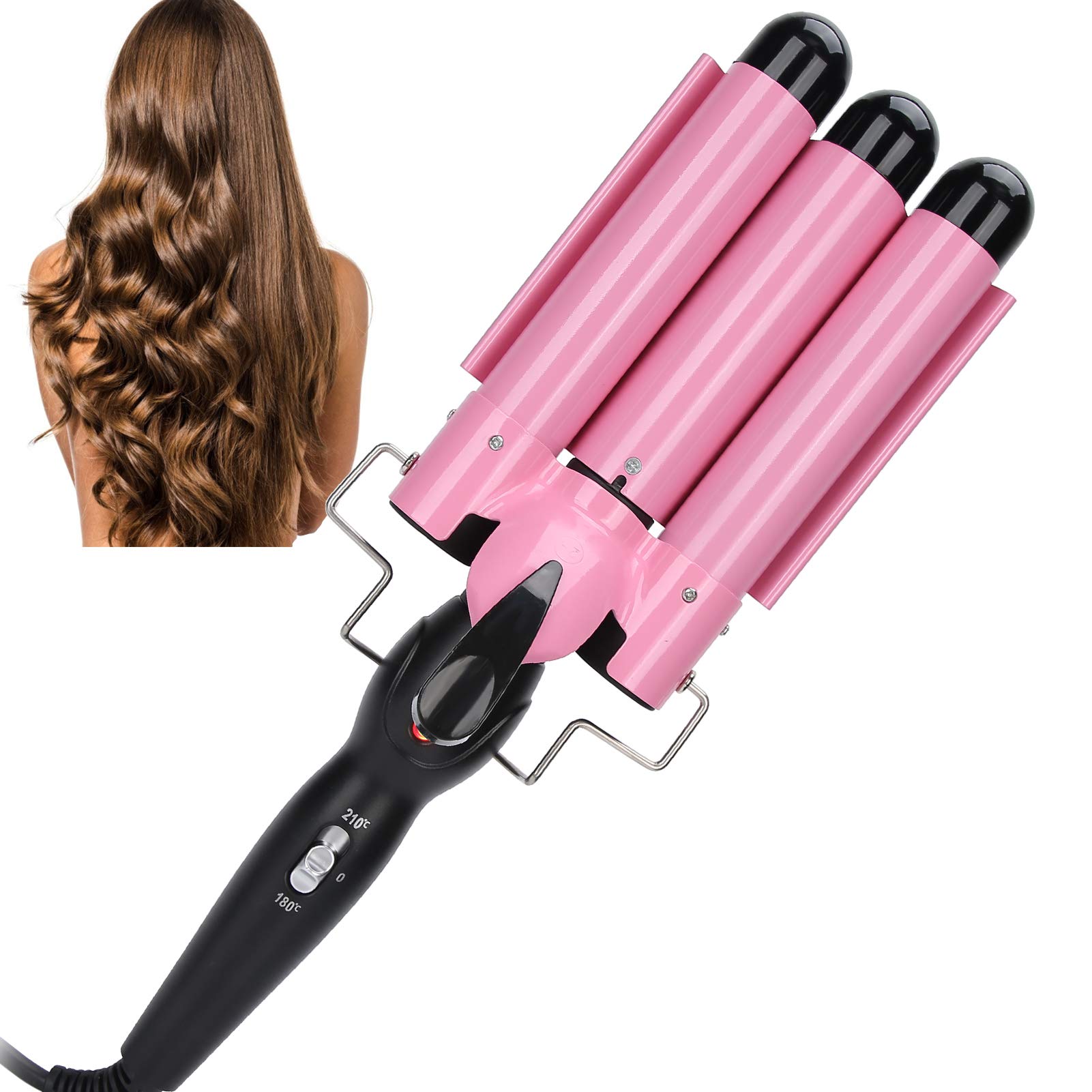 3 Barrel Hair Crimper & Curling Iron - Fast Heating Electric Hair Waver Styling Tool (28mm) for Beach Waves & Party Hairstyles - Golden Hair Curler for Women & Girls
