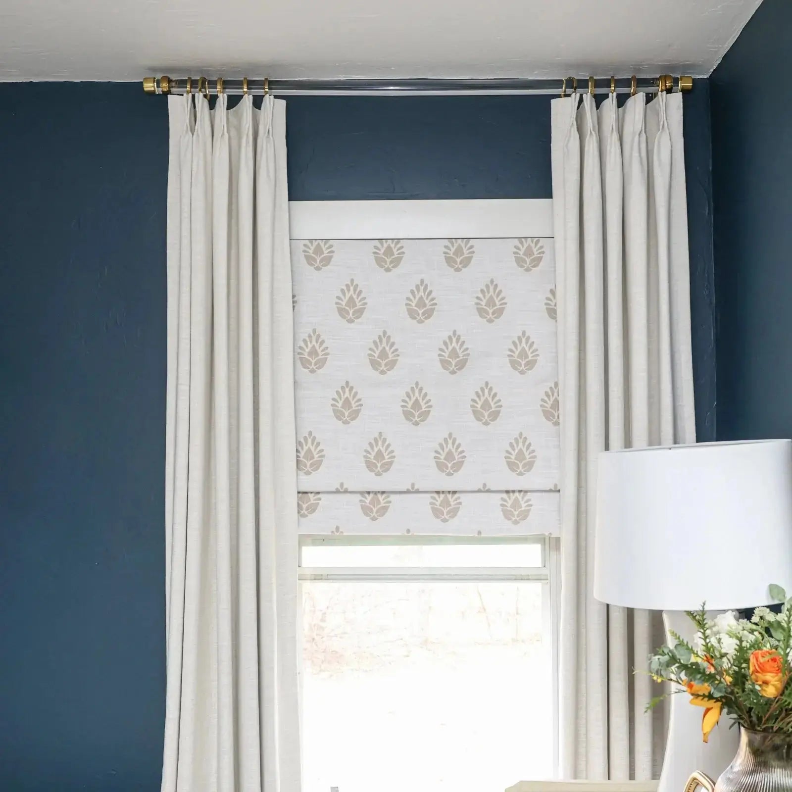 Stefana Silver Printed Roman Shade Cord Lift - Elegant Window Treatment for Living Room & Bedroom