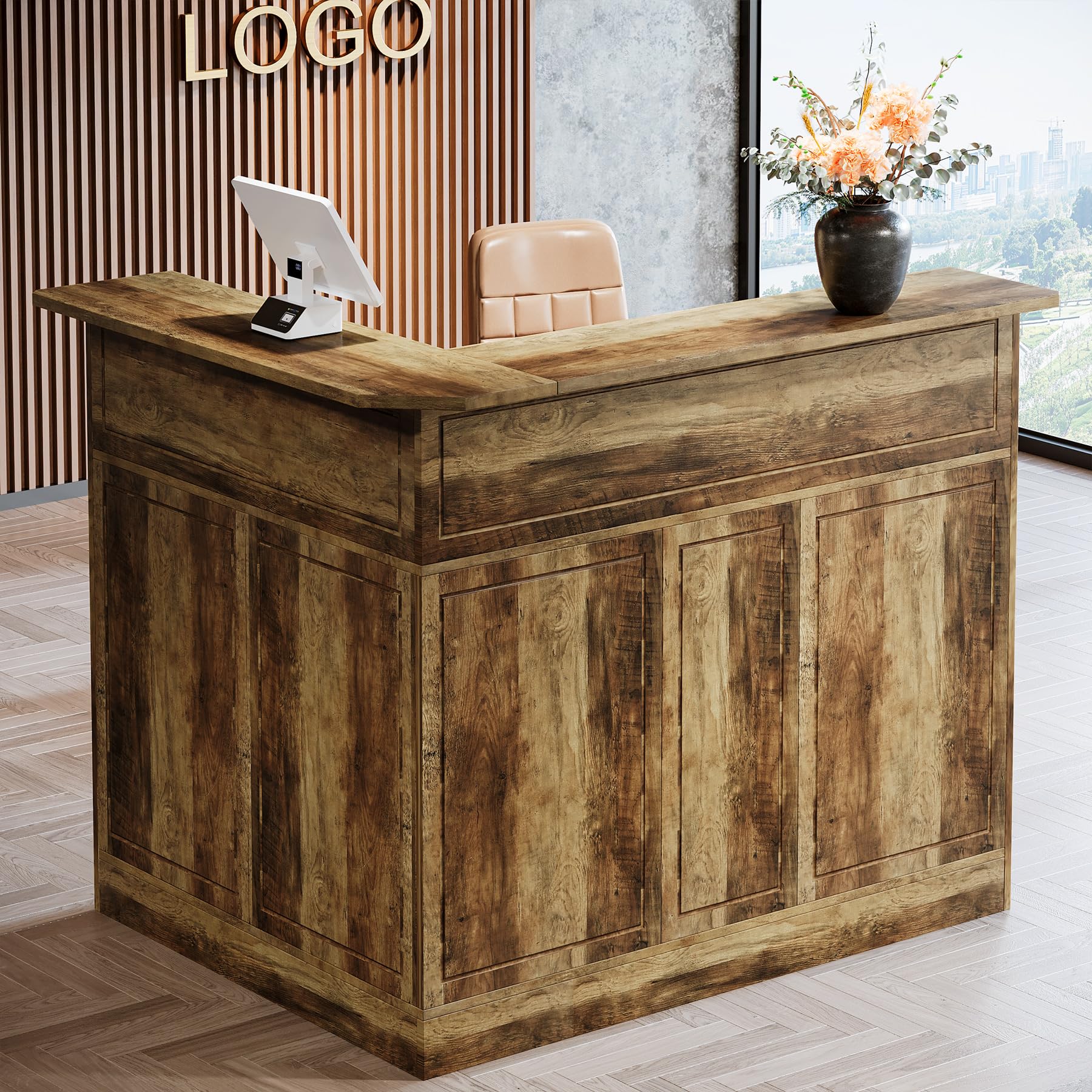 Tribesigns L-Shaped Reception Desk with Storage Shelves - Modern Office Front Counter for Small Business, Salon, Hotel & Retail Checkout (Brown) - Perfect for Space-Saving Workstations & Professional Client Greetings