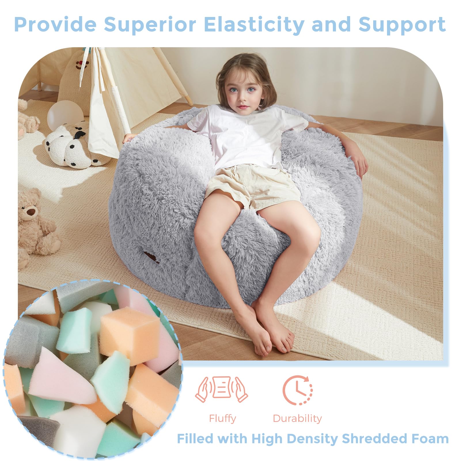 MAXYOYO Kids Bean Bag Chair Bed - Convertible Floor Sofa for Boys & Girls, Machine Washable Grey - Perfect for Playrooms, Dorm Rooms & Sleepovers