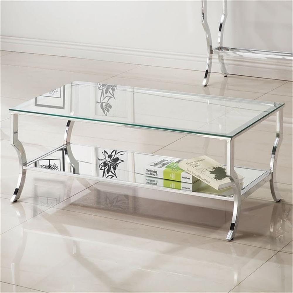 Modern Chrome Glass Top Accent Coffee Table - Pemberly Row Contemporary Living Room Centerpiece for Small Spaces & Apartments
