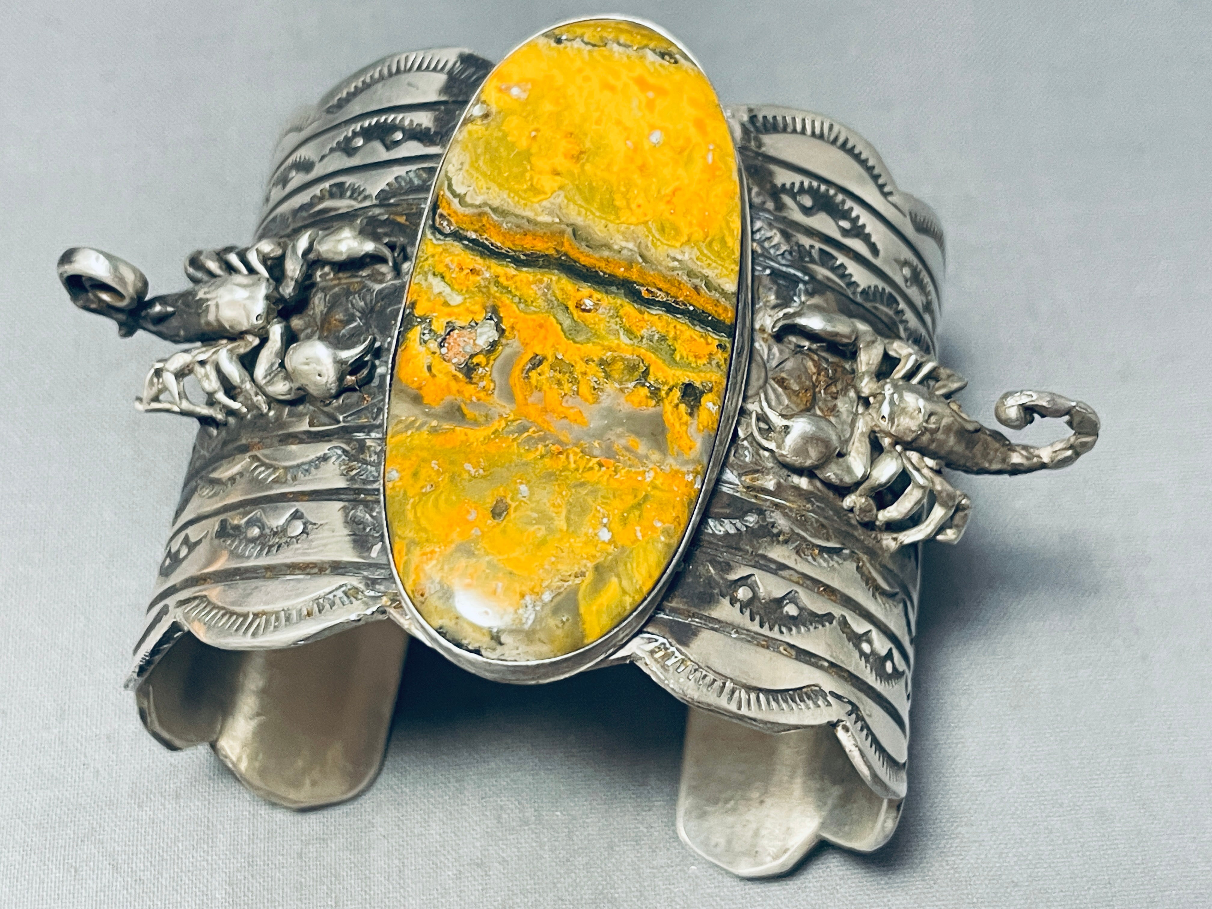 147 Grams Authentic Native American Navajo Honeybee Sterling Silver Bracelet with 2 Scorpions - Handcrafted Jewelry for Boho, Festival & Tribal Fashion