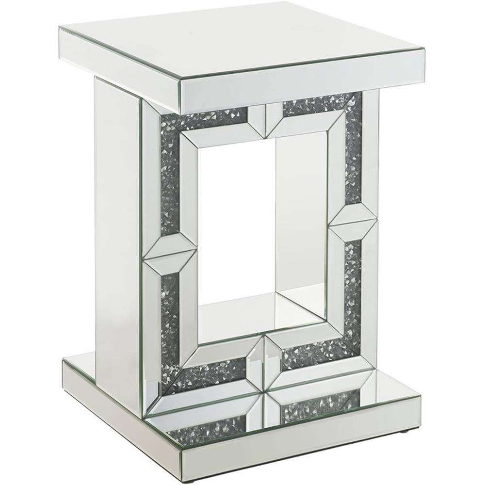 Acme Noralie Glass Accent Table with Pedestal Base - Elegant Mirrored Finish & Faux Diamond Decor | Perfect for Living Room, Bedroom, or Entryway Decor