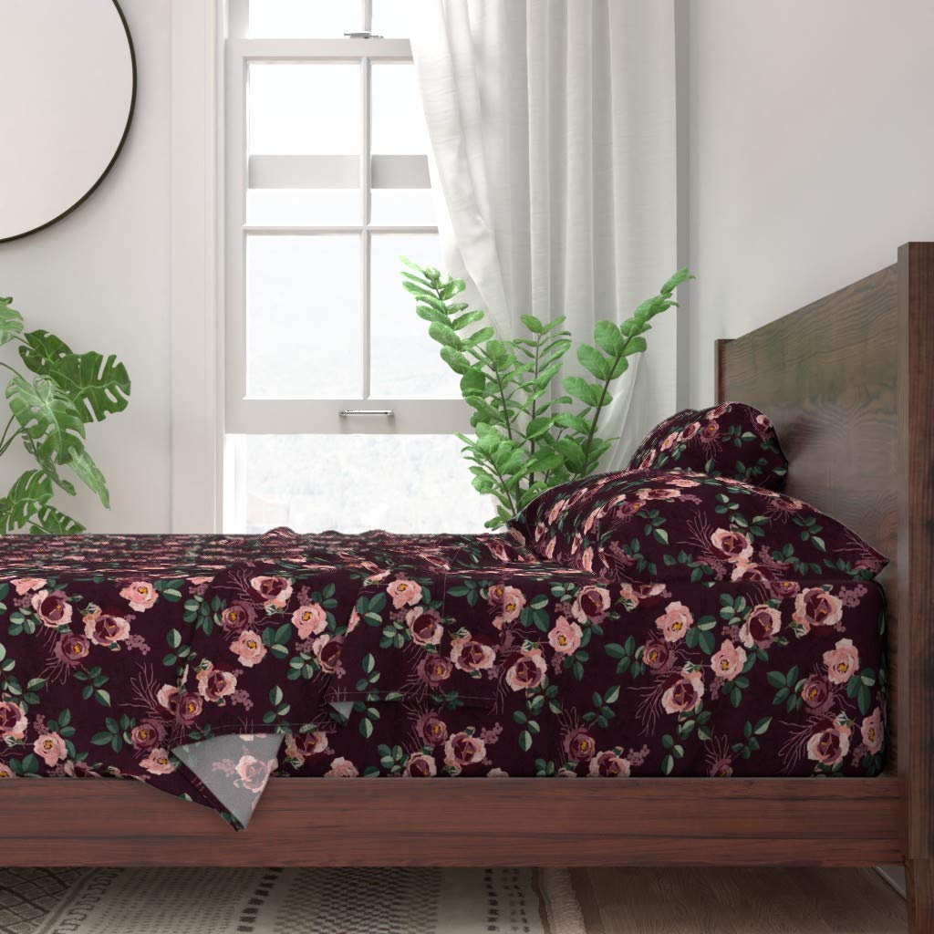 Spoonflower 100% Cotton Twin 3-Piece Sheet Set - Winter Garden Floral Vintage Style Blossom Rose Burgundy Flower Print Custom Bedding for Cozy Bedroom Decor & Guest Room Essentials