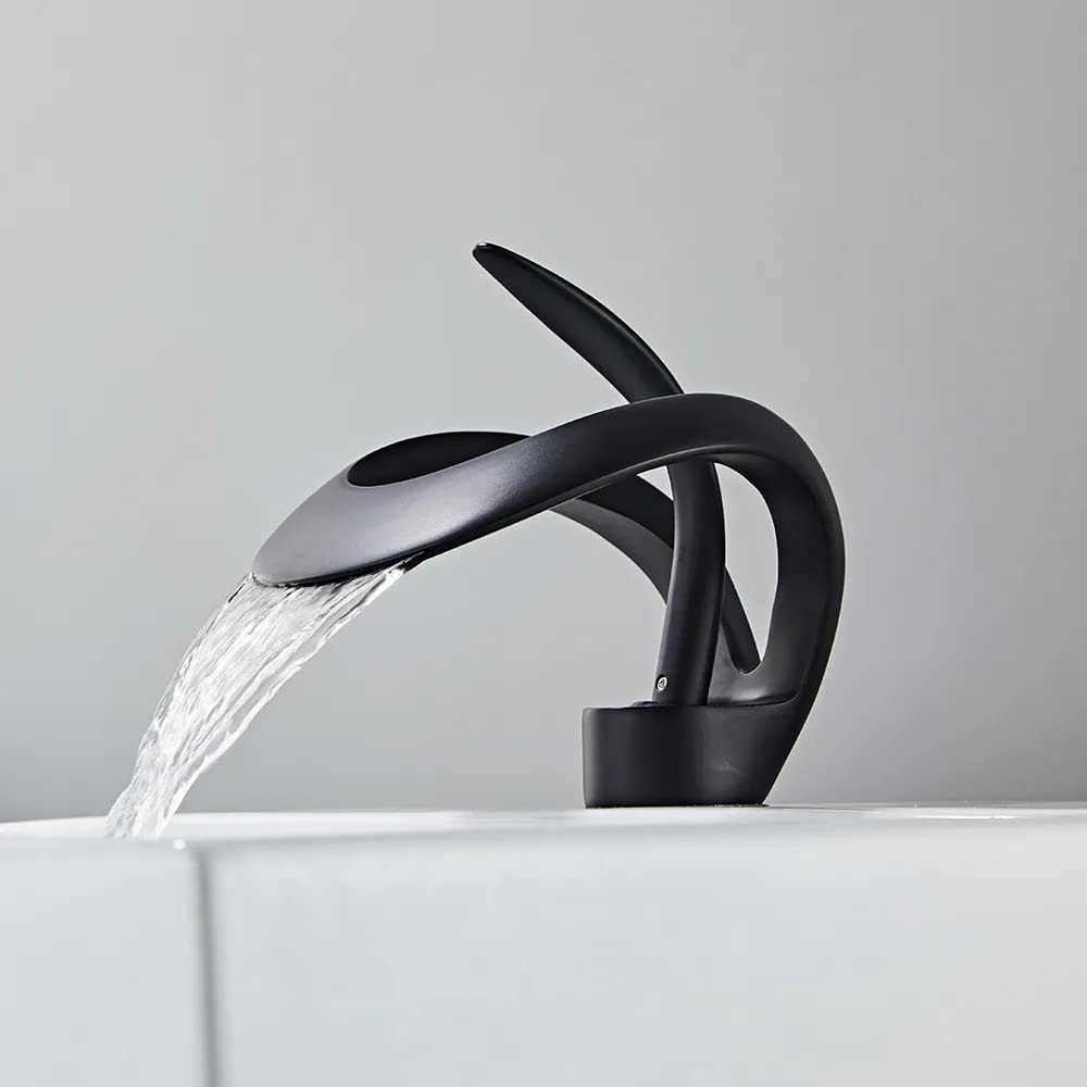 Lovedima Elegant Waterfall Single Handle 1-Hole Bathroom Vessel Sink Faucet - Solid Brass Lavatory Vanity Sink Faucet in Black | Perfect for Modern Bathrooms, Powder Rooms & Luxury Vanities