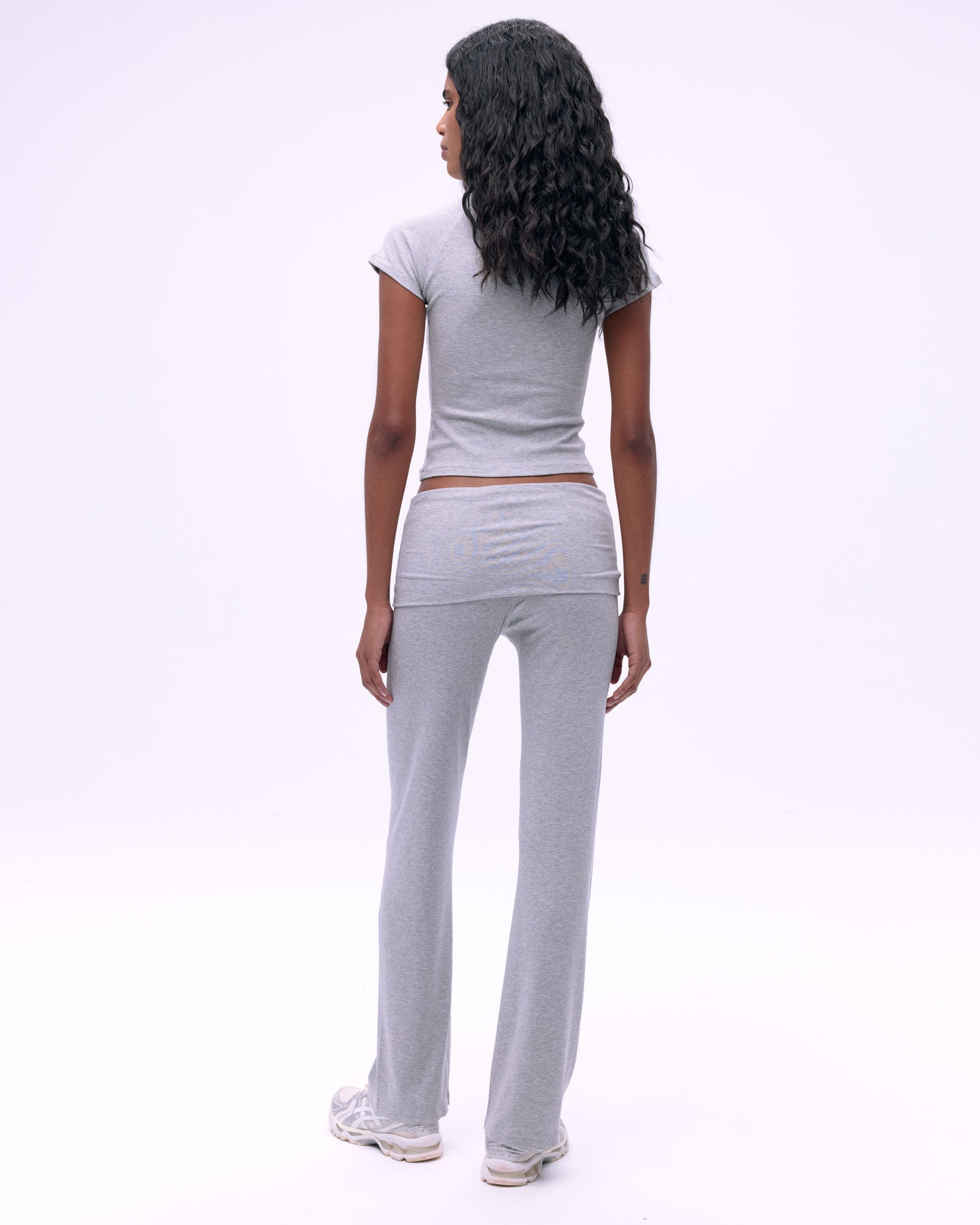 Rib Fold Over Pants for Women - Soft Grey Melange Lounge Pants - Comfortable Yoga & Home Wear
