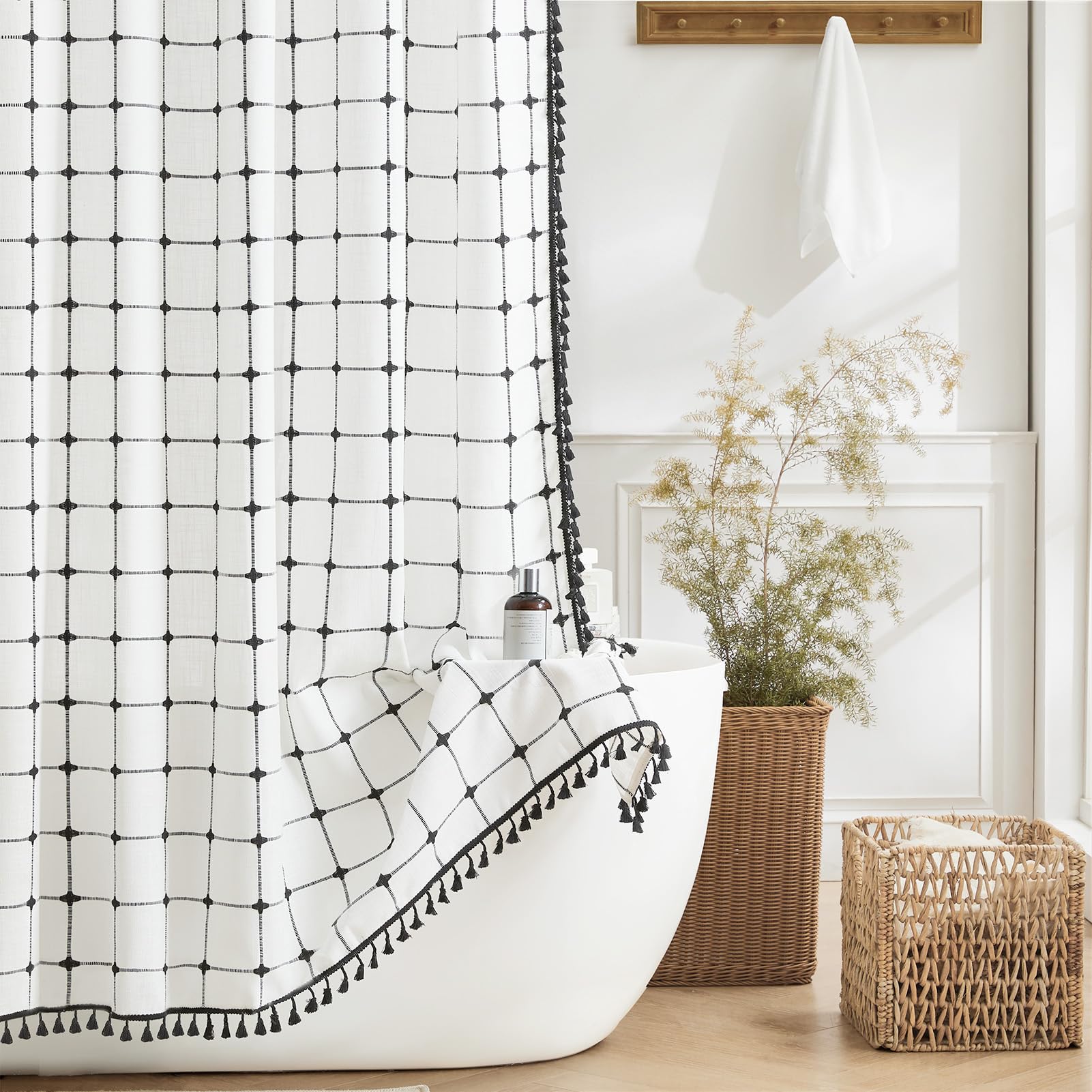 Boho Farmhouse Shower Curtain Set - Heavy Duty Linen Fabric with Tassels, Waterproof Vintage Rustic Bathroom Decor, 72x72 Inches (Black/White) - Perfect for Modern Bohemian, Farmhouse & Coastal Style Bathrooms