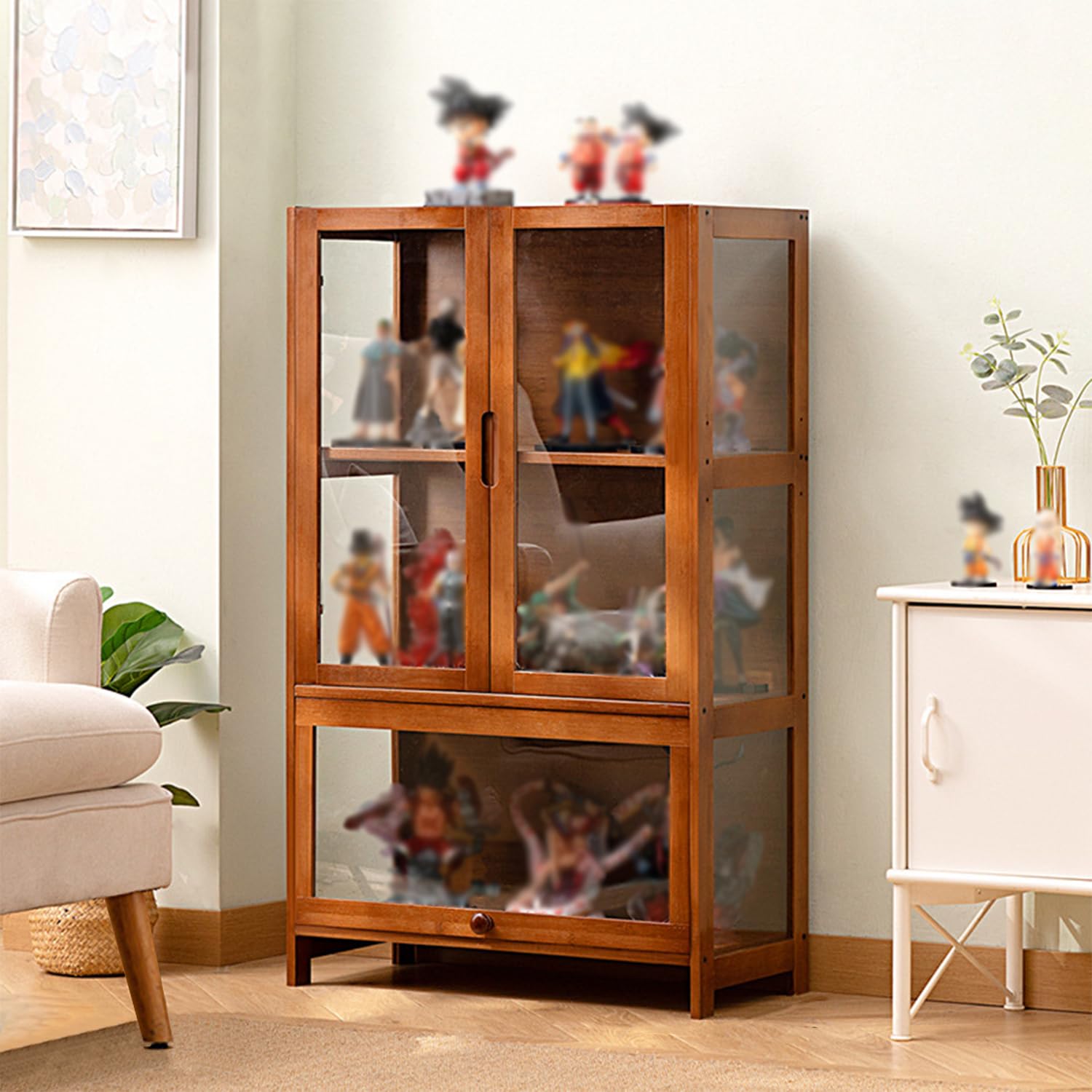 25.6x12.6x41.7in Acrylic Glass Display Cabinet with Flip Door - Bamboo Curio Shelf for Collectibles, Home Decor & Storage - Easy Assembly Brown Display Case for Living Room, Office or Retail Shop