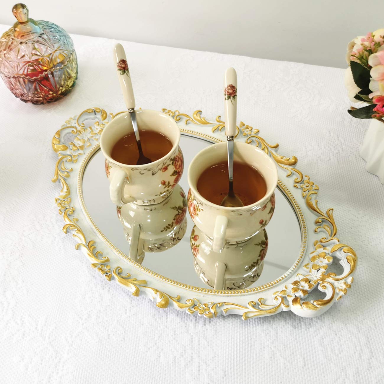Ham Oval Floral Wall Mirror Tray - Elegant Dresser Organizer & Decorative Perfume Tray - White Serving Tray 9.5’’ X 14.5’’ - Perfect for Vanity Decor, Jewelry Display & Coffee Table Centerpiece