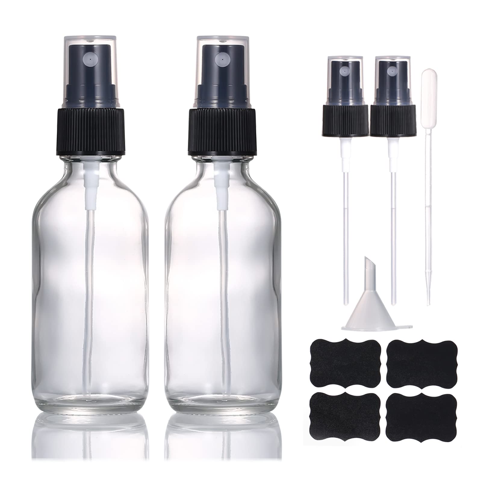 60ml Clear Glass Spray Bottles (2 Pack) - Refillable Fine Mist Travel Spray Bottles for Essential Oils, Perfume, Hair Care & Aromatherapy | Includes Extra Nozzle | Perfect for DIY Beauty, Home Cleaning & On-the-Go Use