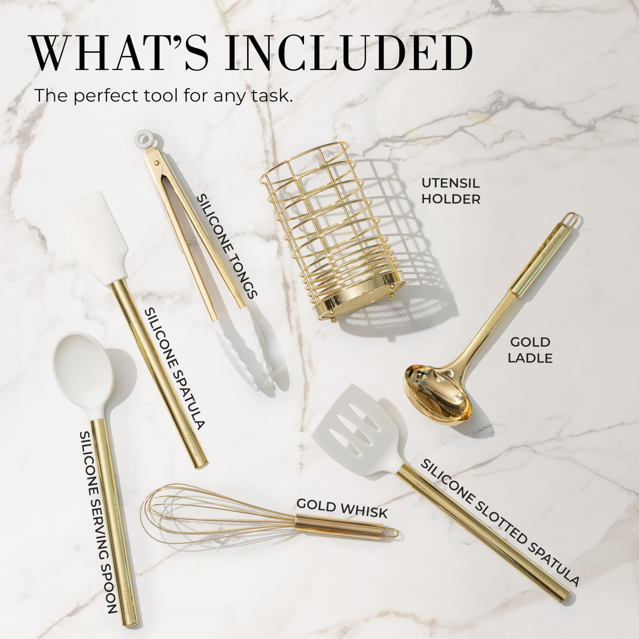 Premium 7-Piece White & Gold Silicone Cooking Utensil Set with Holder - Heat-Resistant Kitchen Tools for Nonstick Cookware - Perfect for Baking, Frying & Modern Kitchen Decor - Luxury Cooking Gift Set for Home Chefs