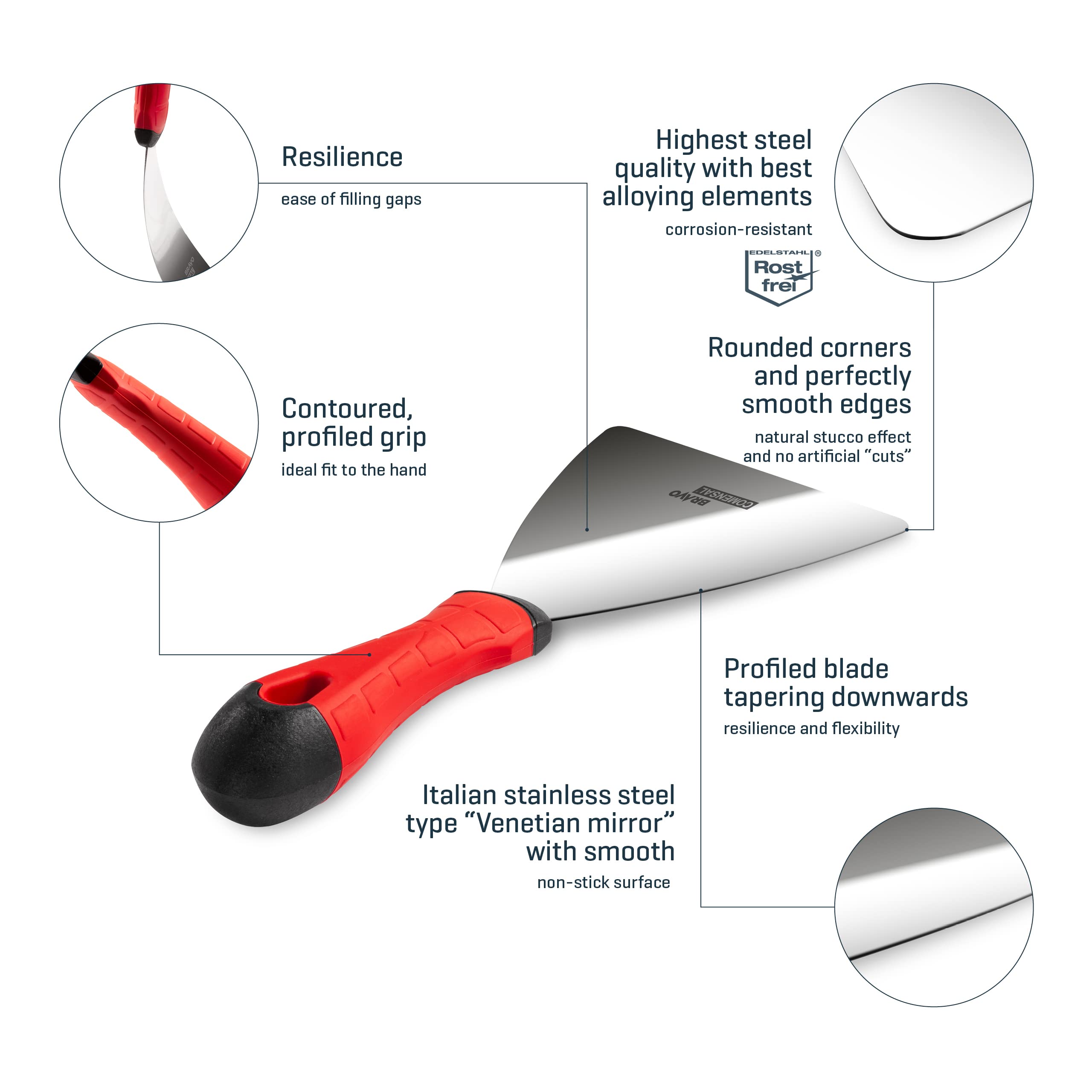 COMENSAL® 120mm Venetian Stainless Steel Joint Spatula - Masonry Trowel, Putty Knife, Paint Scraper - Soft Grip Handle - Made in EU - Perfect for Drywall, Tile Work & DIY Home Renovations
