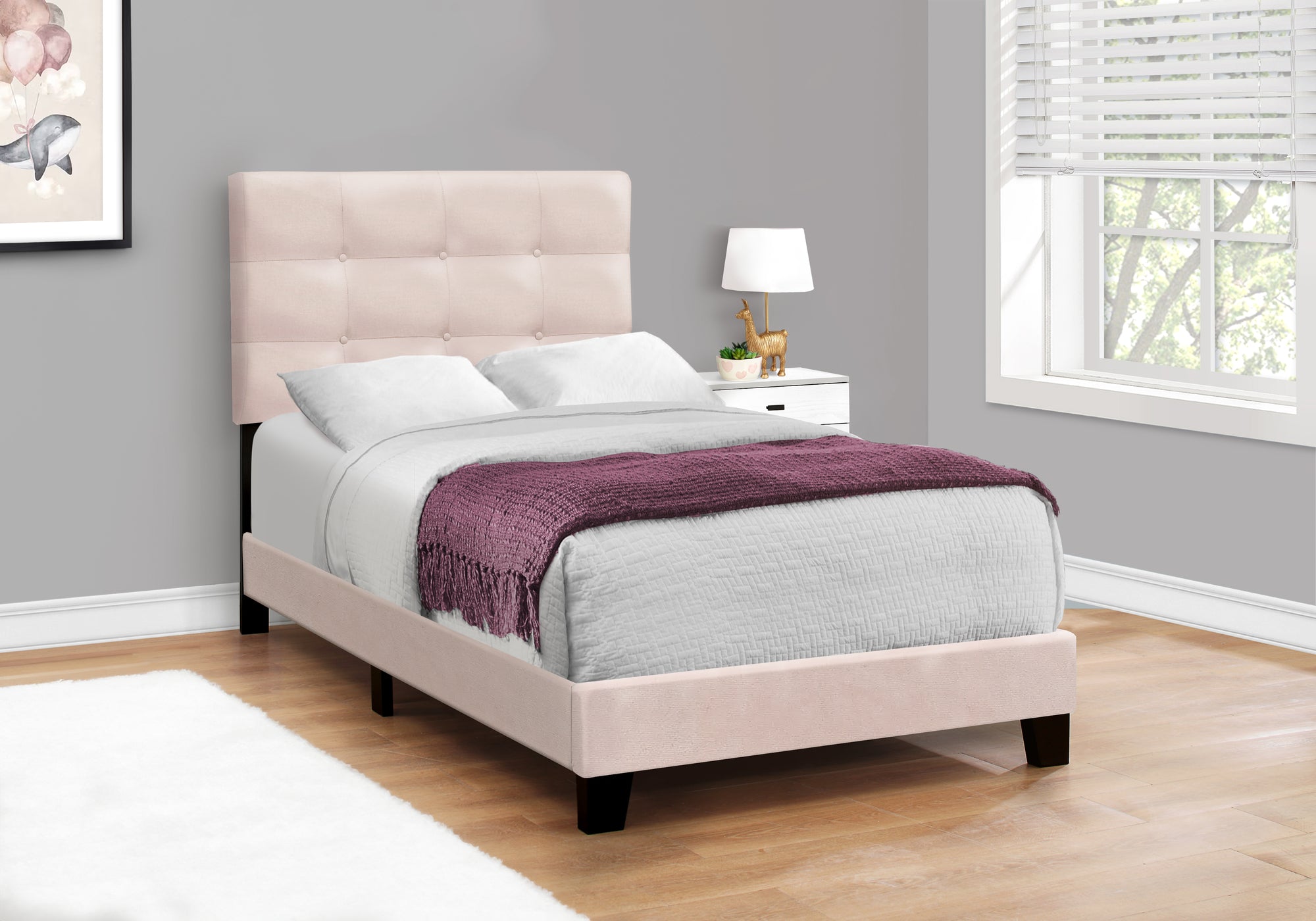 Elegant Pink Velvet Twin Bed Frame for Girls - Soft & Luxurious Upholstered Platform Bed with Wooden Slats - Perfect for Kids Bedroom, Guest Room & Dorm Decor