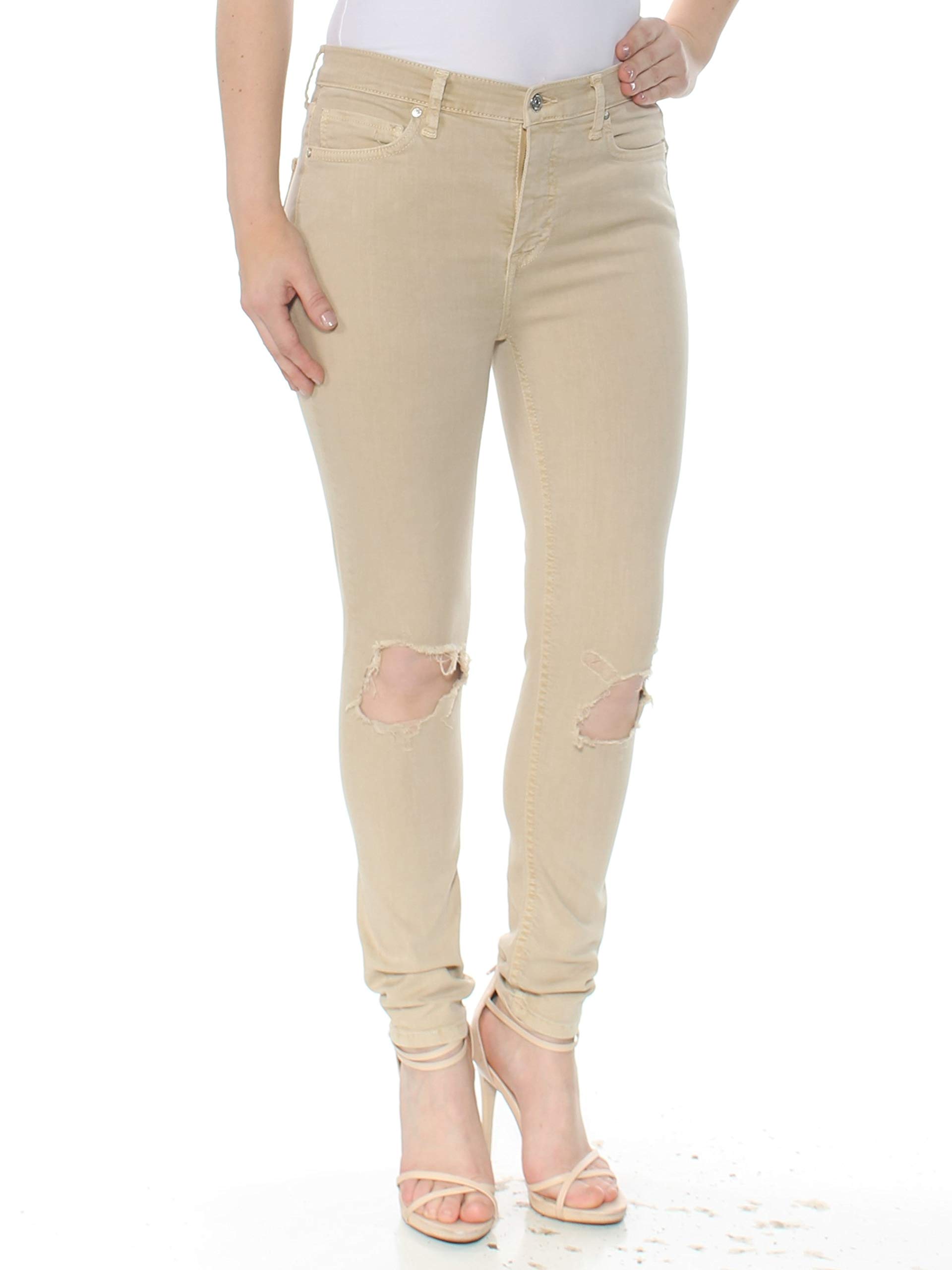 Free People Women's Distressed Skinny Jeans - High Waisted Ripped Denim Pants in Light Tan (Size 27) | Perfect for Casual Outfits, Date Nights & Street Style Fashion