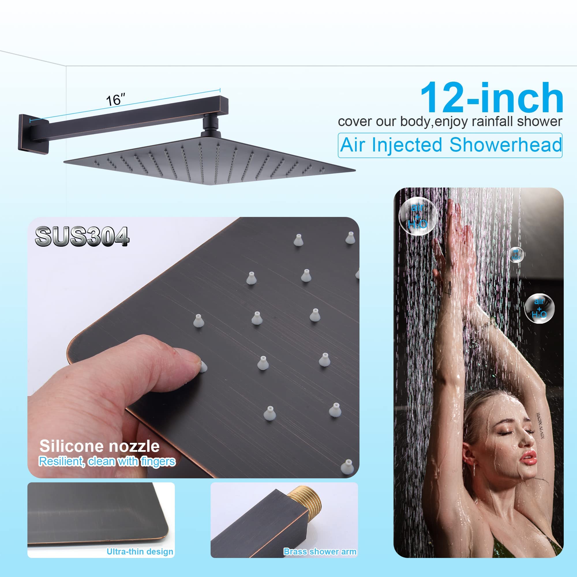 Enga Oil Rubbed Bronze Shower System with 12-Inch Rainfall Showerhead & Body Jets - Wall Mounted Full Body Shower Combo Set with Rough-In Valve - Perfect for Spa-Like Luxury Bathroom Experience