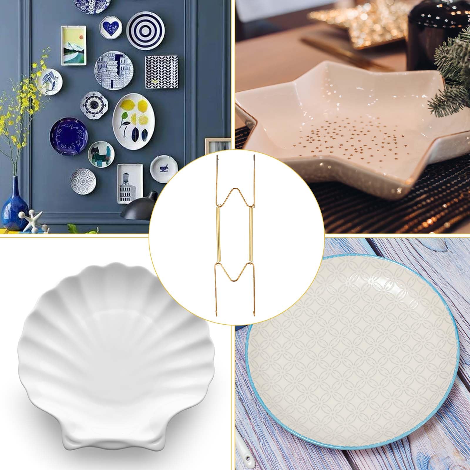 4 Pack Gold W-Shaped Plate Hangers for Wall - 6/8/10/12 Inch Stainless Steel Plate Holder Hooks - Vertical Display Mount for Decorative Plates, Antique Arts & Collectibles - Perfect for Dining Room, Kitchen Decor & Wall Gallery Display