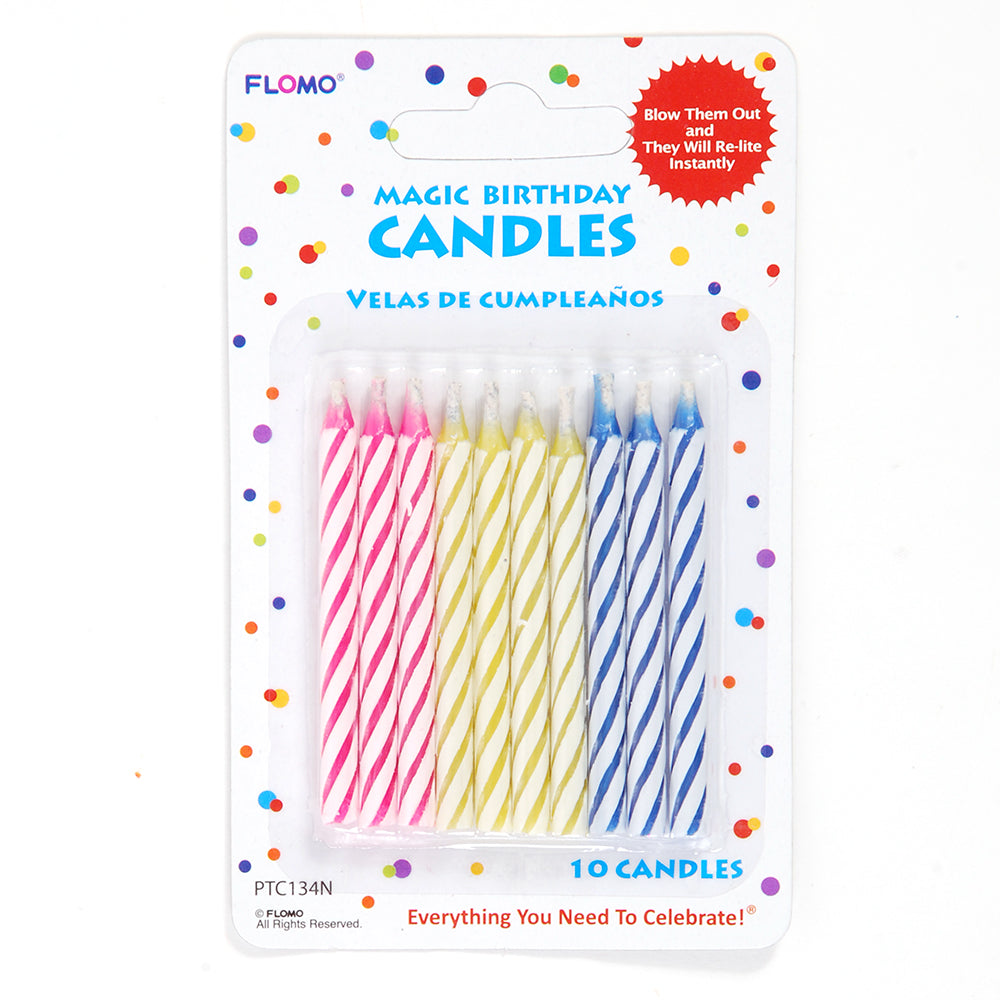 10-Pack Striped Magic Birthday Candles (2.2 Hours Burn Time) - Assorted Colors for Cake Decorating, Party Supplies & Celebration Events