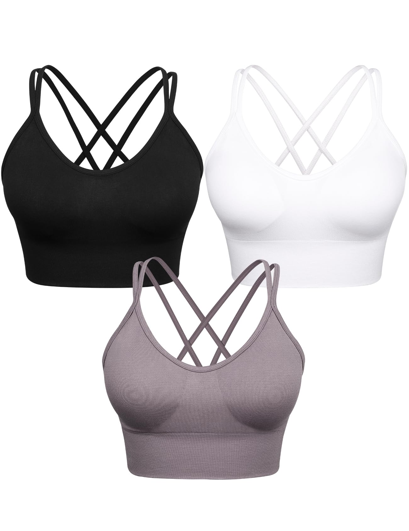 VEQKING Women's Cross Back Sports Bra - Medium Support Seamless Yoga Bra with Removable Pads - 3 Pack for Workout, Fitness & Everyday Wear