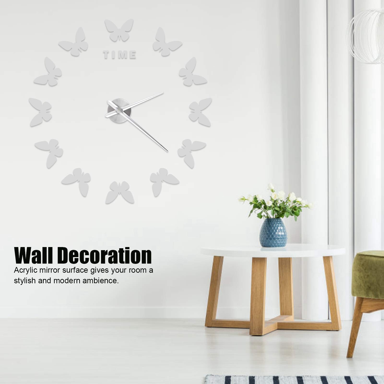 Alvinlite Large Frameless DIY Mirror Wall Clock - Modern Butterfly Art Design for Living Room & Bedroom Decor (Silver) - Perfect for Home, Office, and Gift Giving