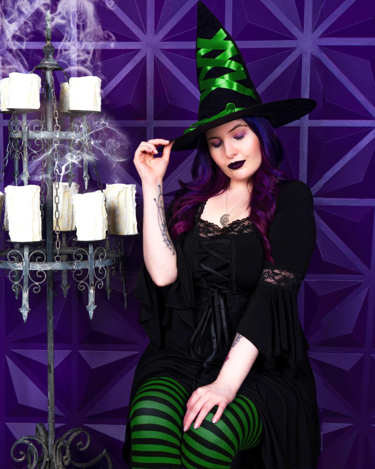 Gothic Witch Costume Set - Ribbon Hat, Pentagram Necklace & Black Dress for Halloween & Cosplay