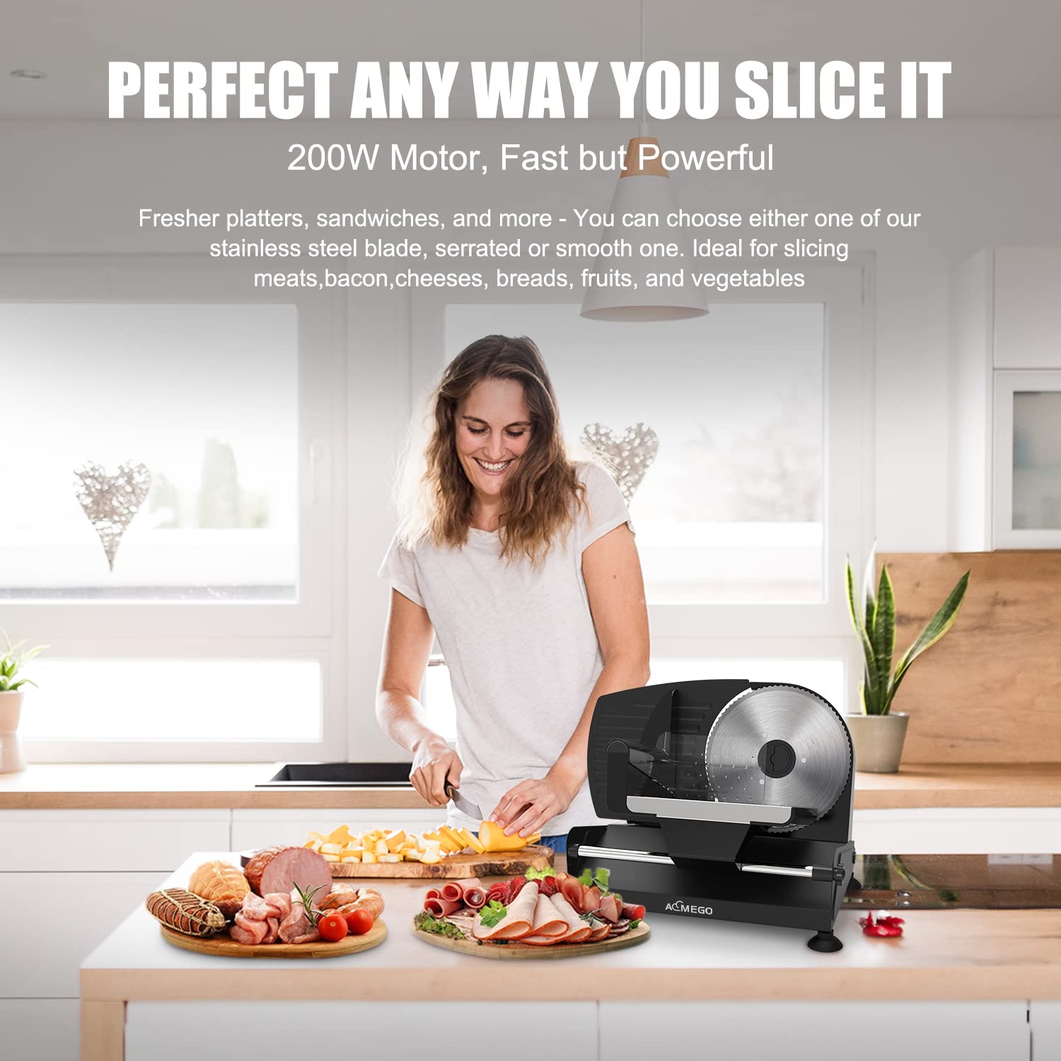Aemego 200W Electric Meat Slicer for Home Use - Adjustable Thickness Food Slicer with Removable Stainless Steel Blade - Perfect for Deli, Jerky, Cheese, Bacon & More - Ideal for Kitchen, Delicatessen & Food Prep