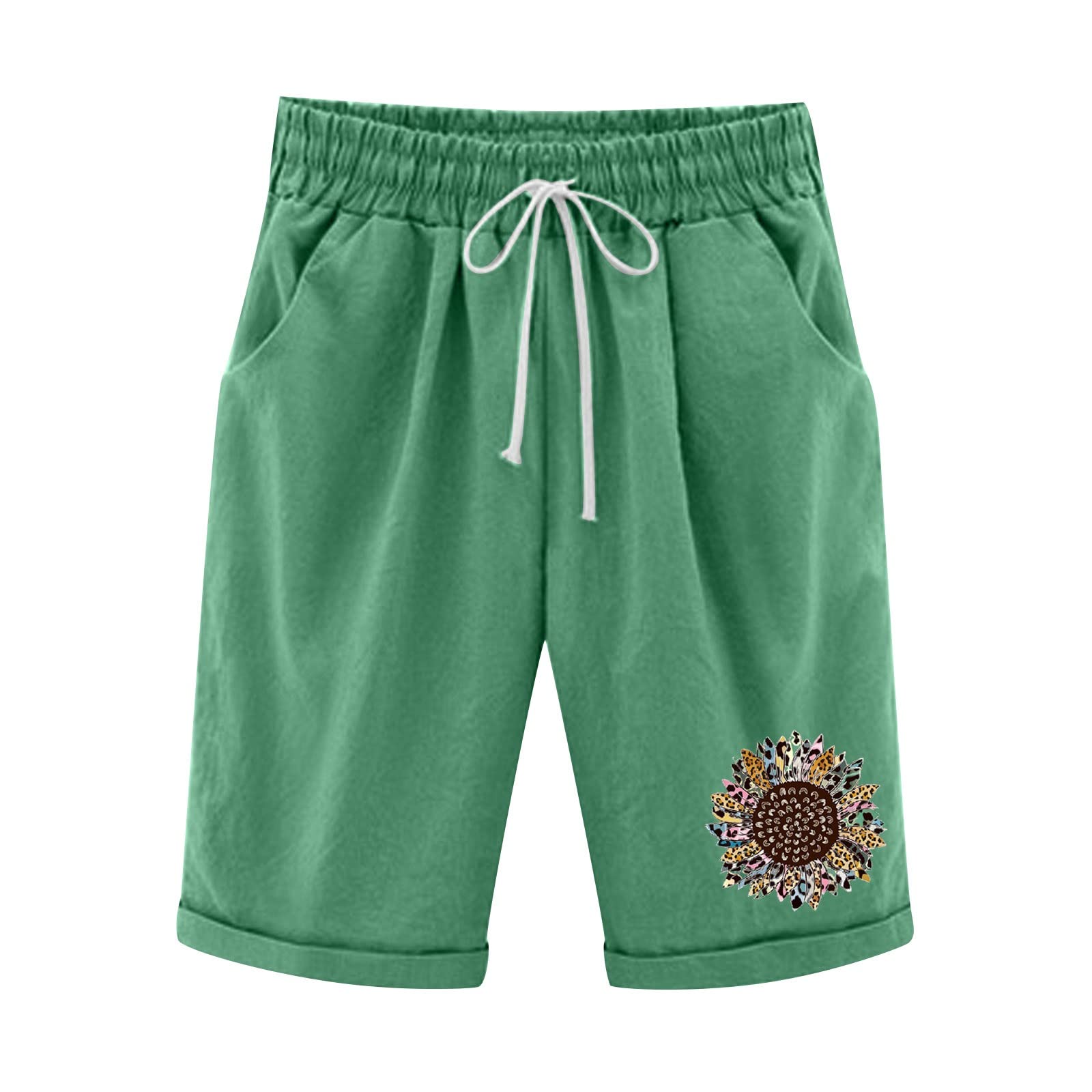 Women's High Waisted Athletic Shorts - Cute Daisy Bermuda Running Shorts with Pockets, Plus Size Baggy Workout Linen Pants for Yoga, Gym & Summer Outdoor Activities
