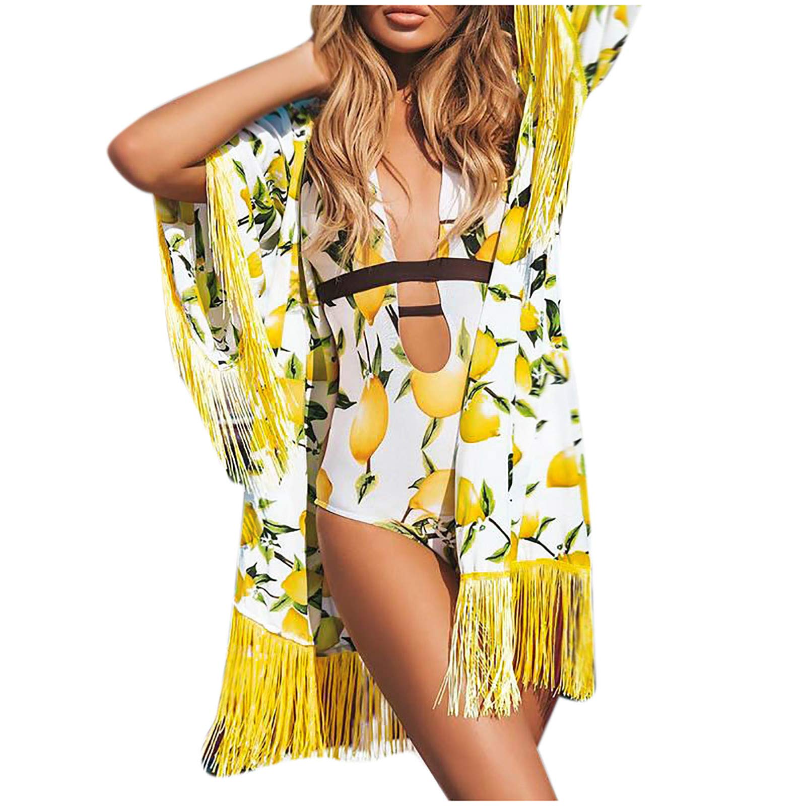 Women's Long Kimono Cardigan - Flowy Chiffon & Cotton Beach Print Cover-Up - Lightweight Loose Blouse Top for Summer, Boho Outfits & Beach Vacations