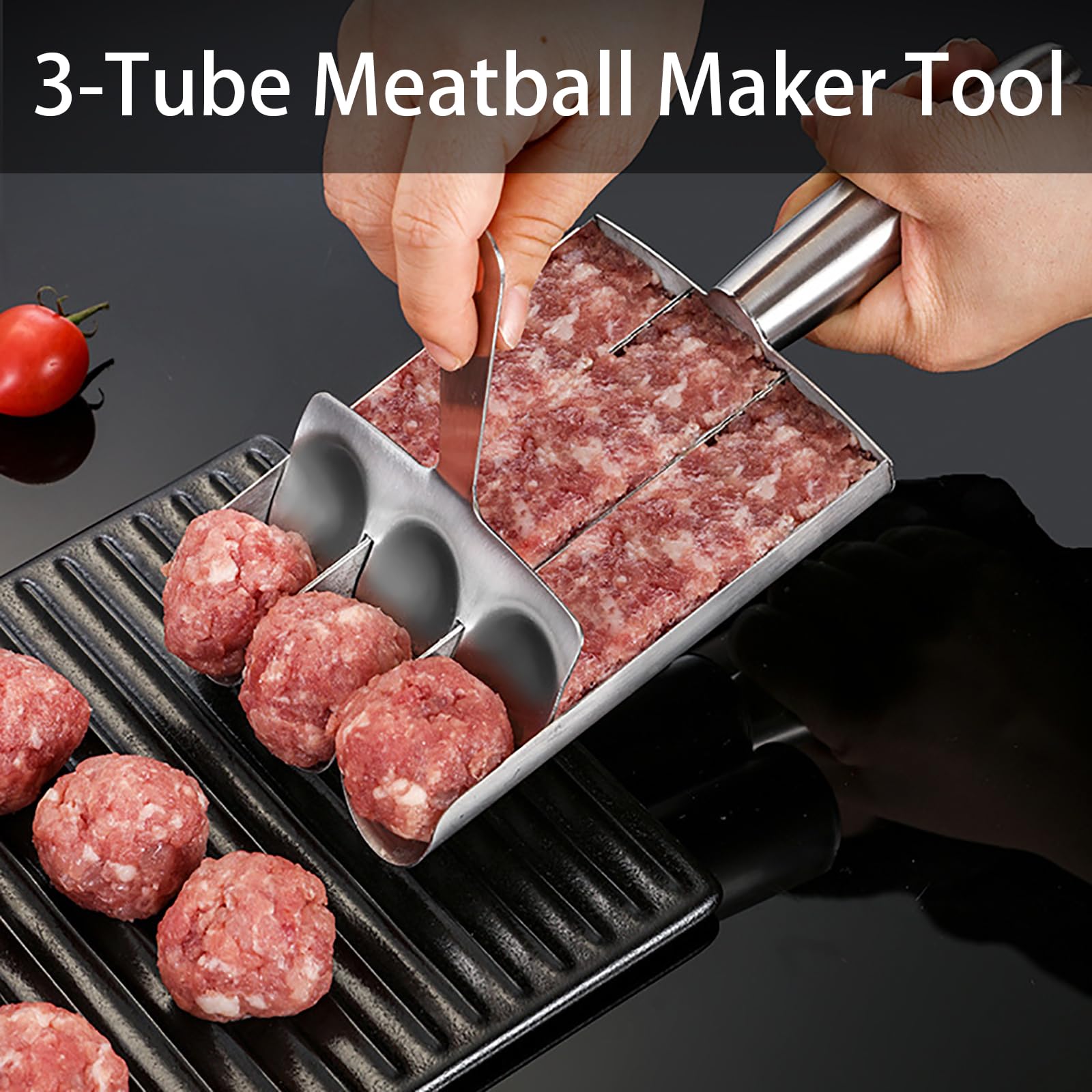 Stainless Steel Triple Meatball Maker with Non-Stick Mold & Cutting Spade - Manual DIY Cooking Tool for Quick Homemade Meatballs | Perfect for Italian Dishes, Meal Prep & Party Snacks