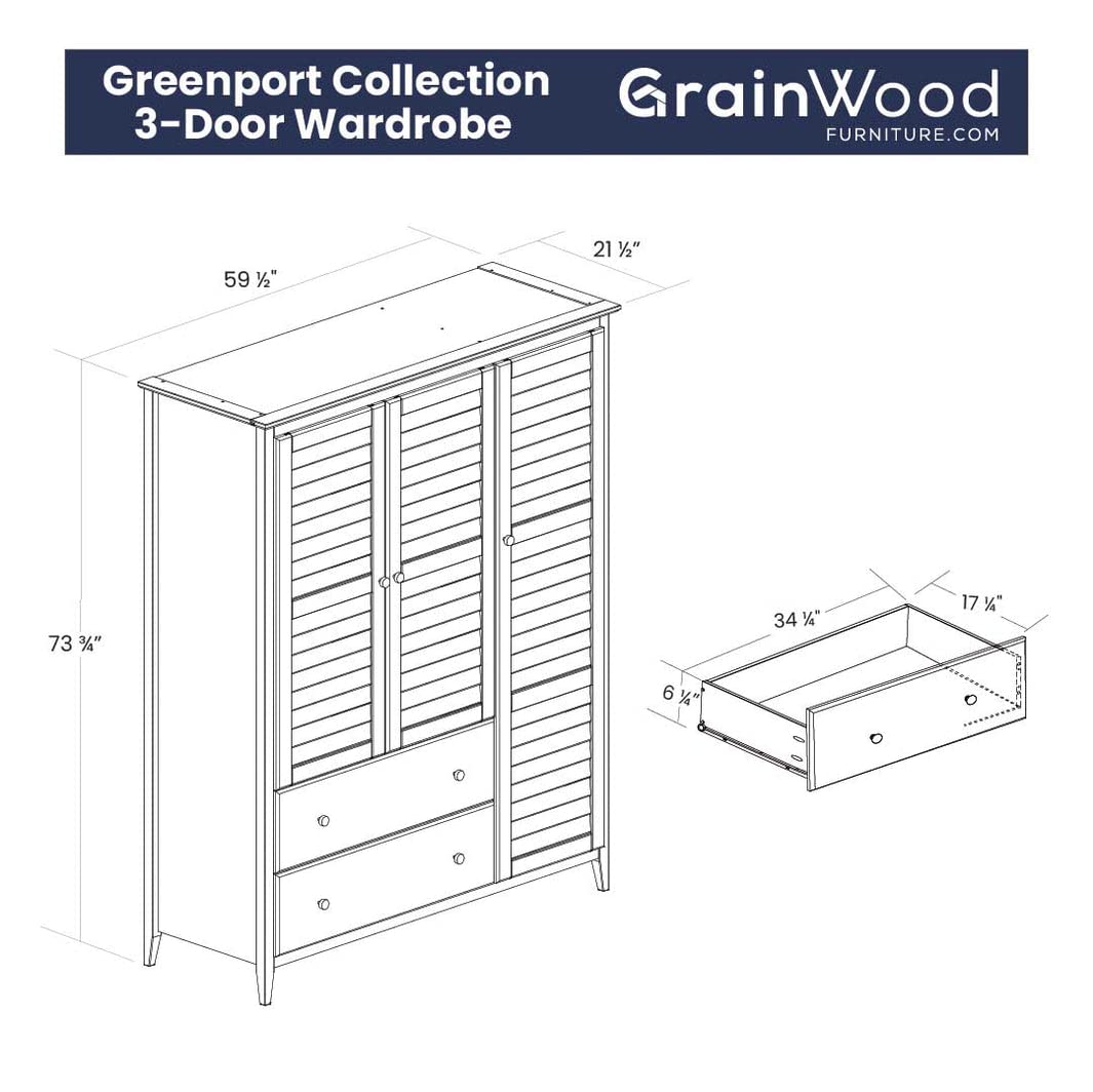 Grain Wood Furniture Greenport 3-Door Wardrobe in Brushed Walnut - Spacious Storage for Bedroom, Closet Organization & Home Decor