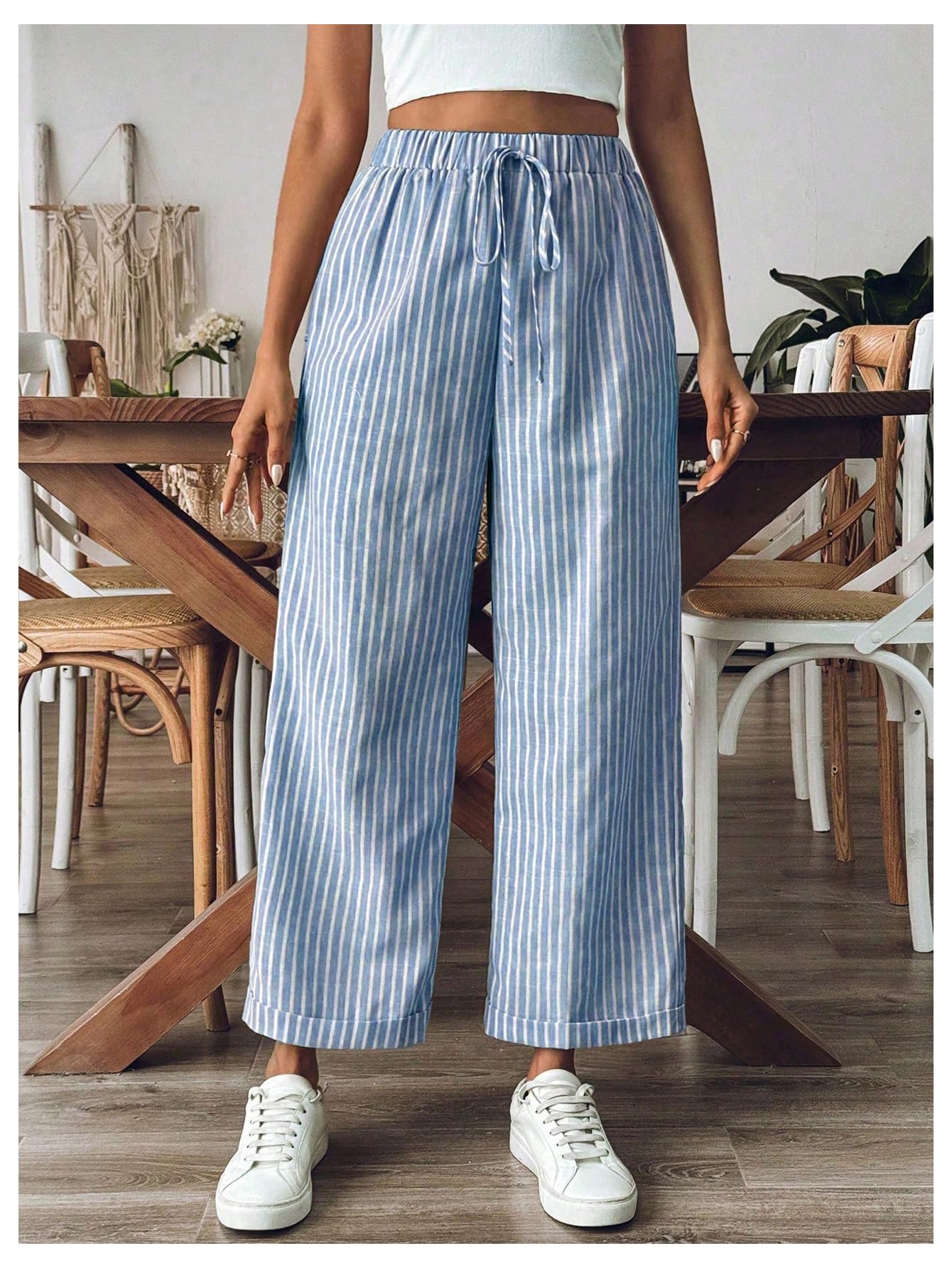 SOLY HUX Women's Striped High Waisted Wide Leg Pants - Tie Front Design with Pockets | Casual & Office Wear for Women | Comfortable Stretch Fabric for Everyday Use
