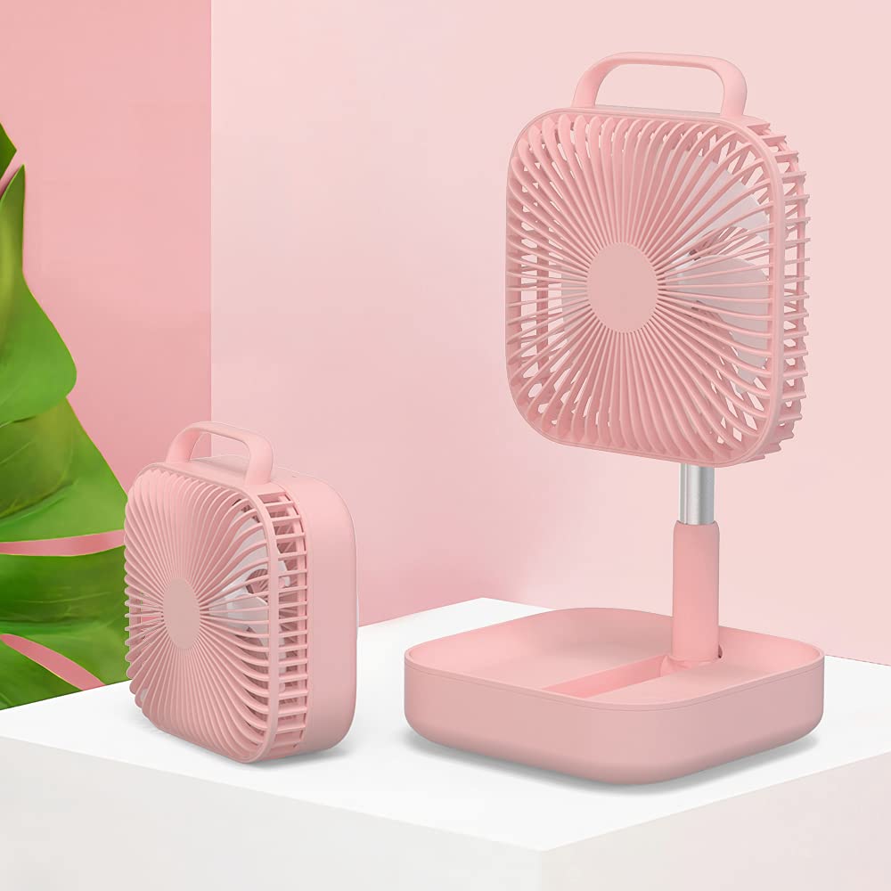 Portable Foldable Stand Fan - Small Rechargeable Telescopic Floor & Desk Fan with 4 Speed Levels, Adjustable Height - Perfect for Camping, Tent, Travel, Office & Home Use