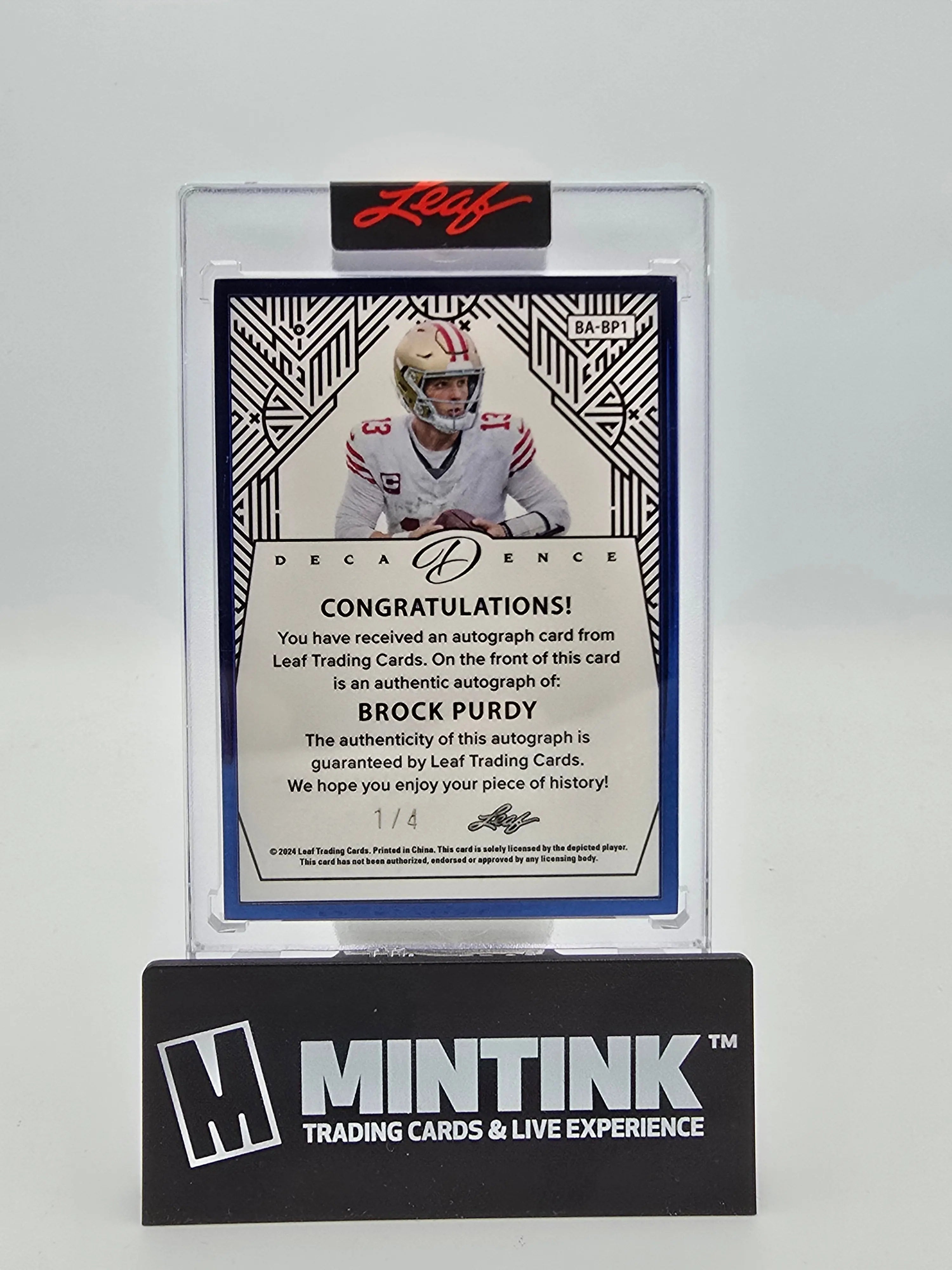 2024 Leaf Decadence Football Brock Purdy Sapphire Blue Frame Autograph 1/4 #BA BP1 - Rare Collectible Sports Card for NFL Fans & Memorabilia Collectors - Perfect for Display, Investment, and Gifting