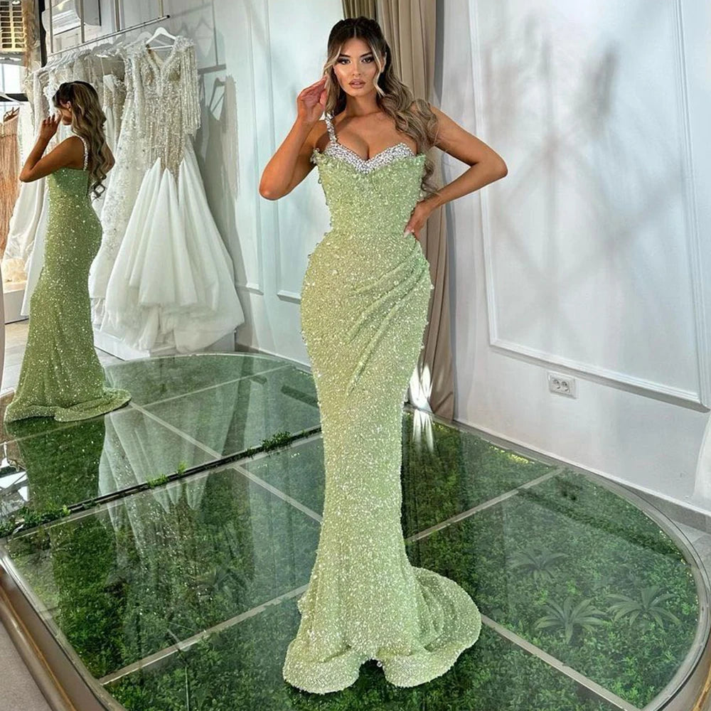 Serene Hill Sage Green Mermaid One Shoulder Beaded Crystal Luxury Evening Gown for Women - Dubai Party Dress 2025 LA72419 | Perfect for Galas, Red Carpet Events & Formal Occasions
