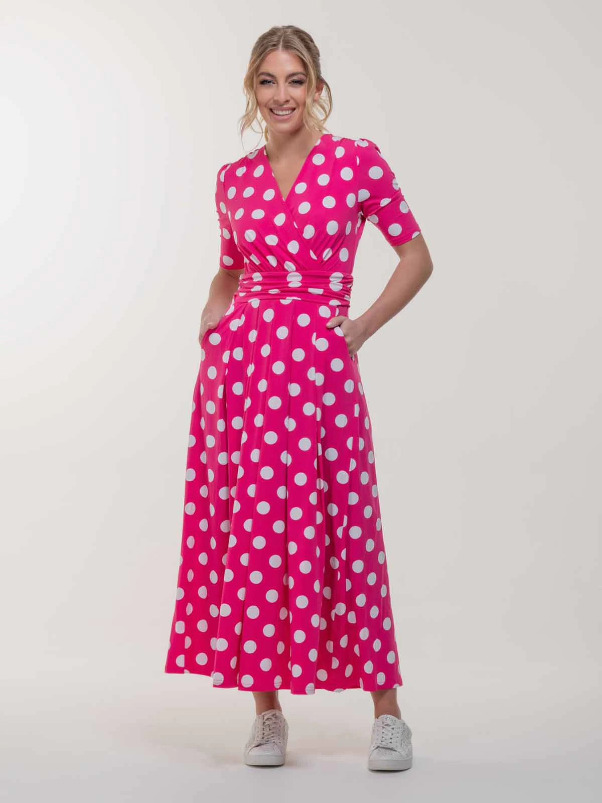 Odelia Wrap Front Maxi Dress for Women - Flowy Long Summer Dress with V-Neck & Belt (Pink) | Beach Wedding, Vacation, Party Outfit