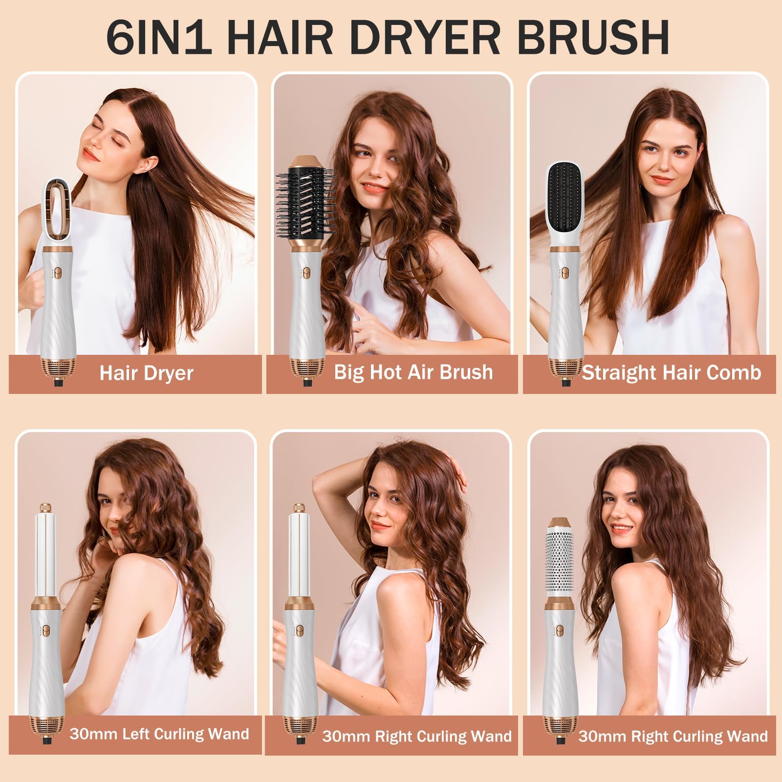6-in-1 Blow Dryer Brush with Detachable Nozzle - Ionic Hot Air Styler & Curling Iron for Salon-Quality Hair at Home - Perfect for Travel, Styling, and Creating Voluminous Curls or Smooth Blowouts